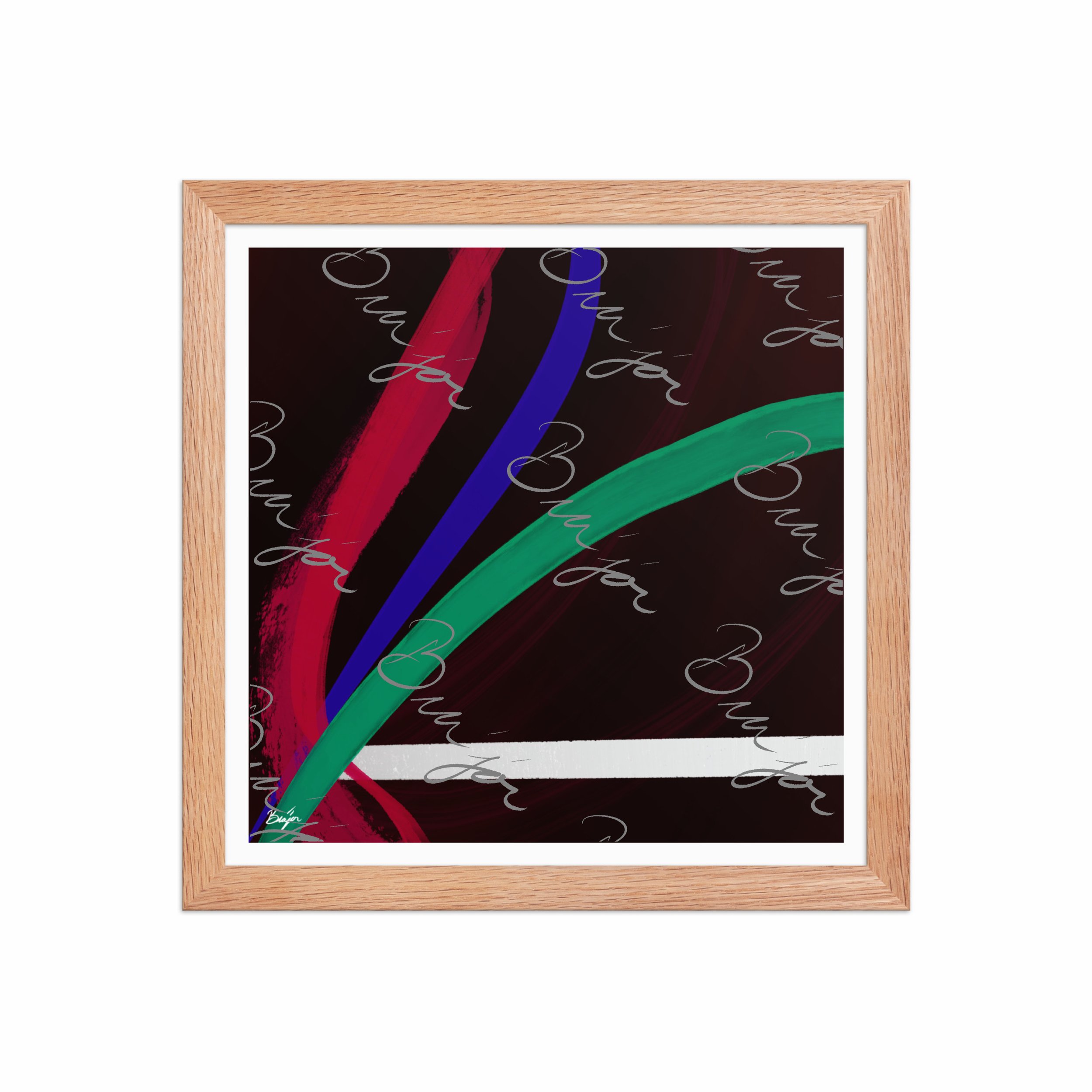 12x12 Red Oak Framed Abstract artwork titled Journey designed by the digital abstract artist Bra'jor. Artwork includes the colors Red, White, Green, and Blue