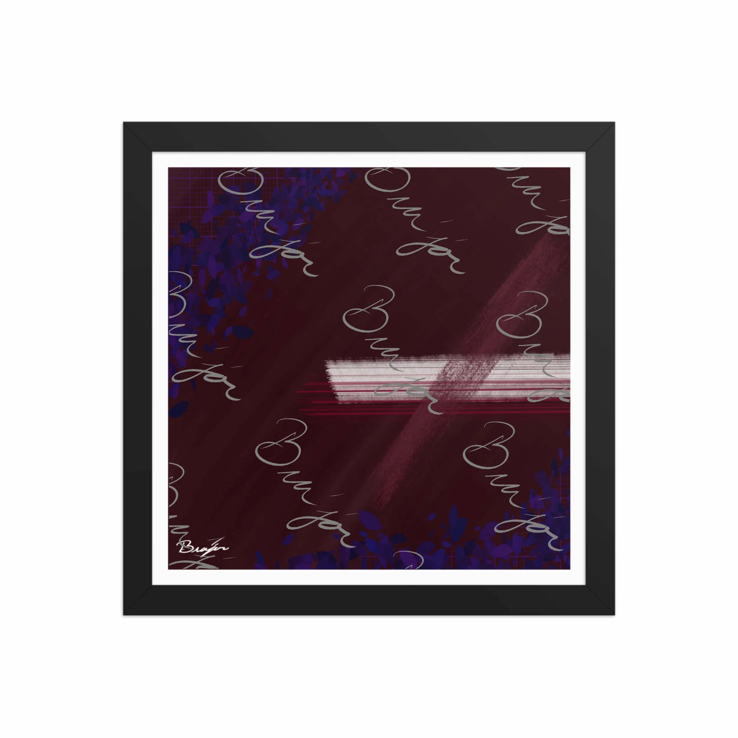 12x12 Black framed abstract artwork titled Guarded designed by the digital abstract artist Bra'jor. Artwork includes the colors Maroon, Black, Blue, and White