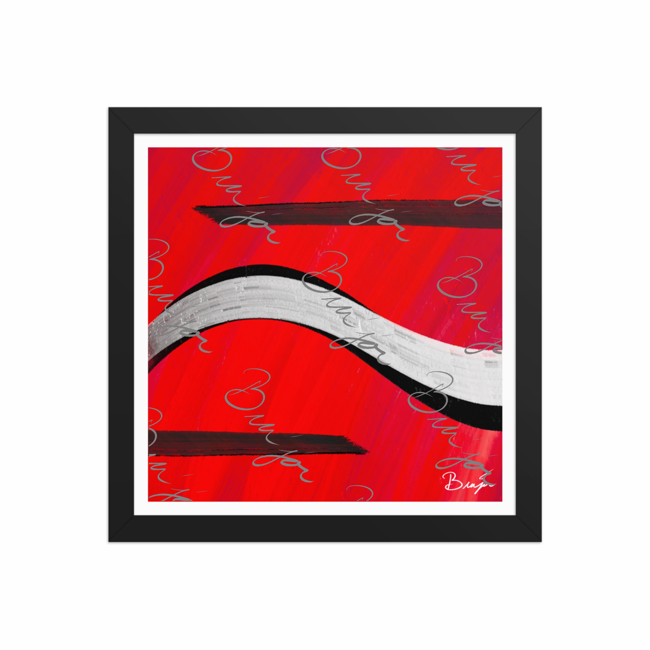 12x12 Black Framed abstract artwork titled Smooth Groove designed by the digital abstract artist Bra'jor. Artwork includes the colors Red, Black, and White