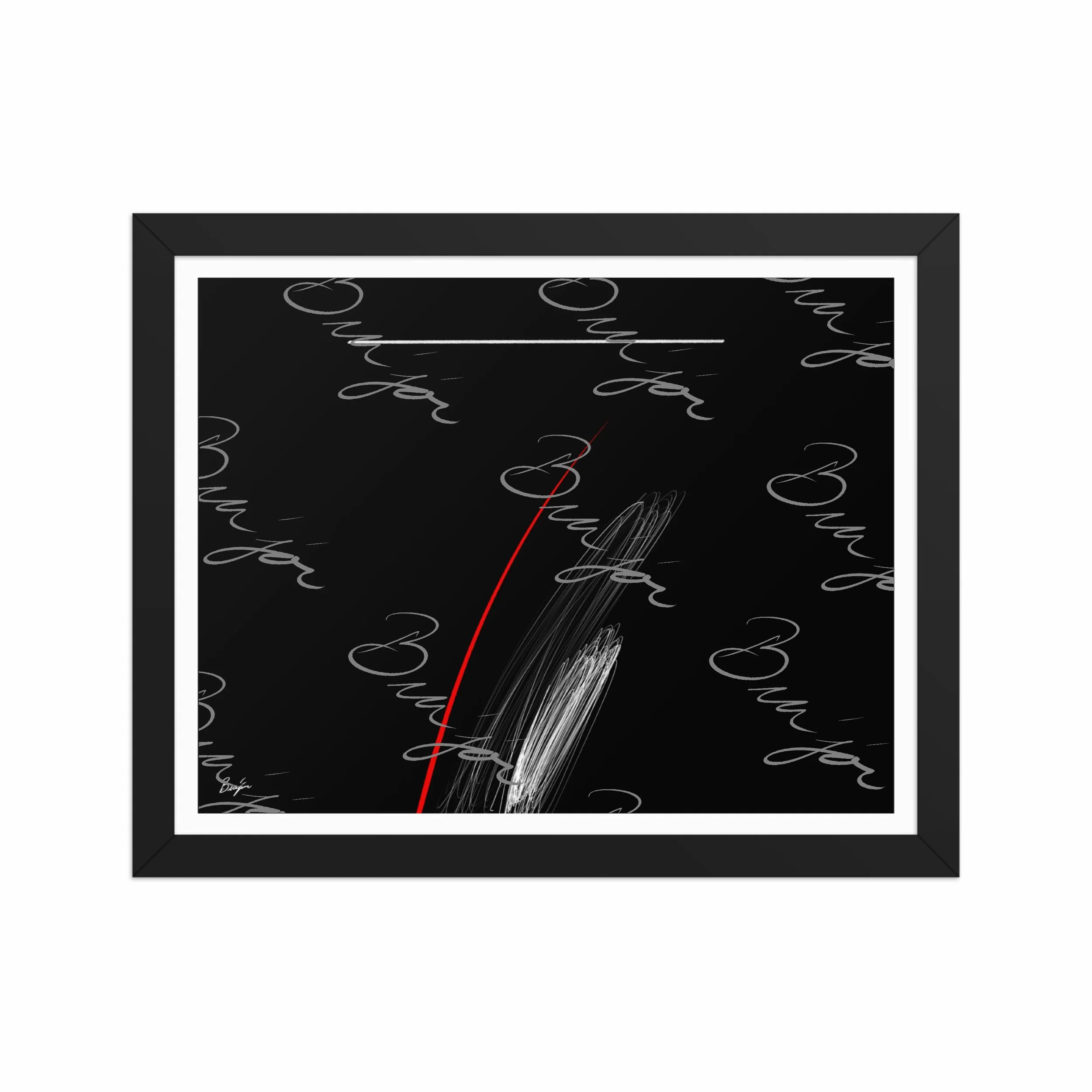 11x14 Black Framed Self Titled Abstract artwork ‘Bra’jor’ designed by the digital abstract artist Bra'jor. Artwork includes the colors Black, Red, and White