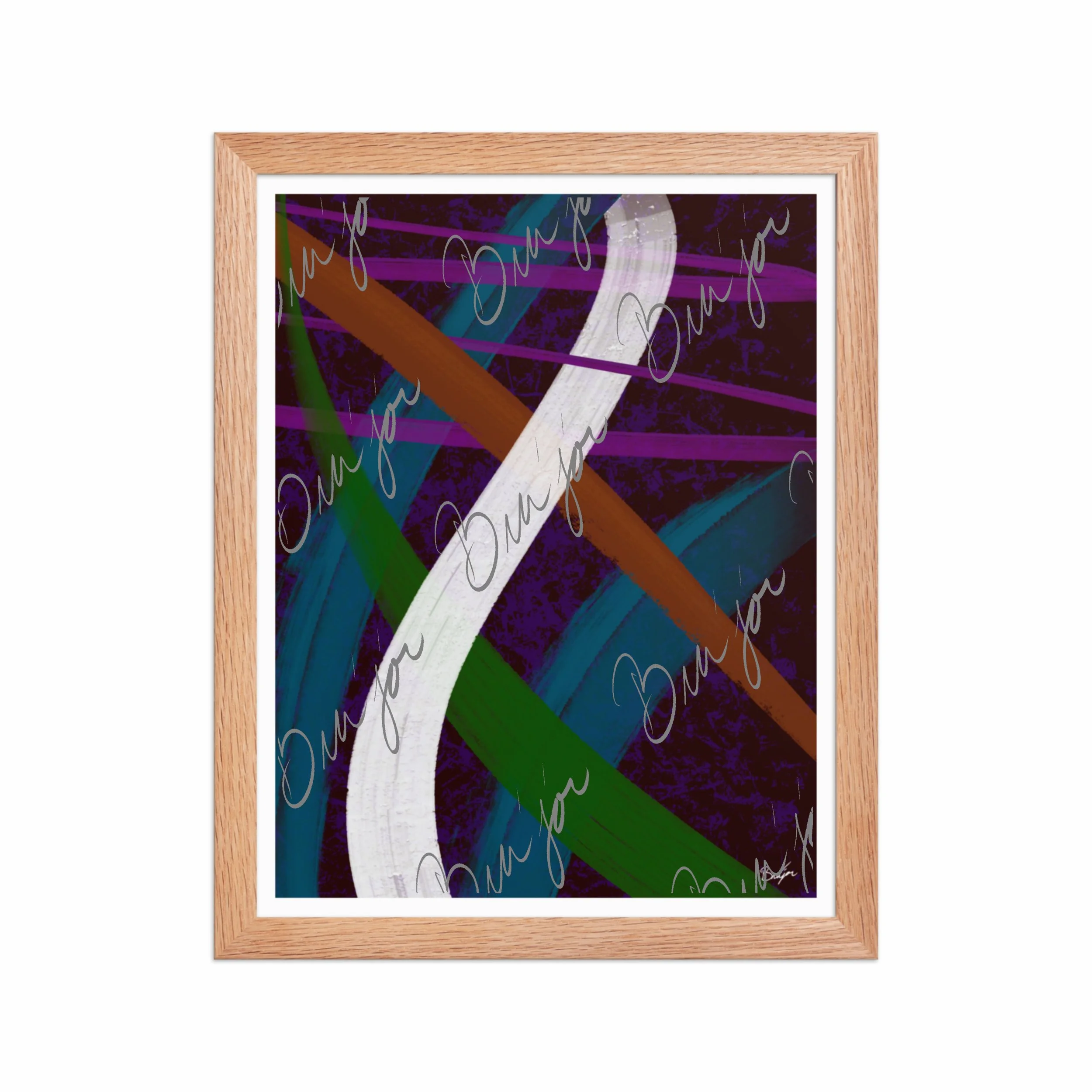 11x14 Red Oak Framed Abstract artwork titled Adventures designed by the digital abstract artist Bra'jor. Artwork includes the colors Purple, Blue, Orange, and White