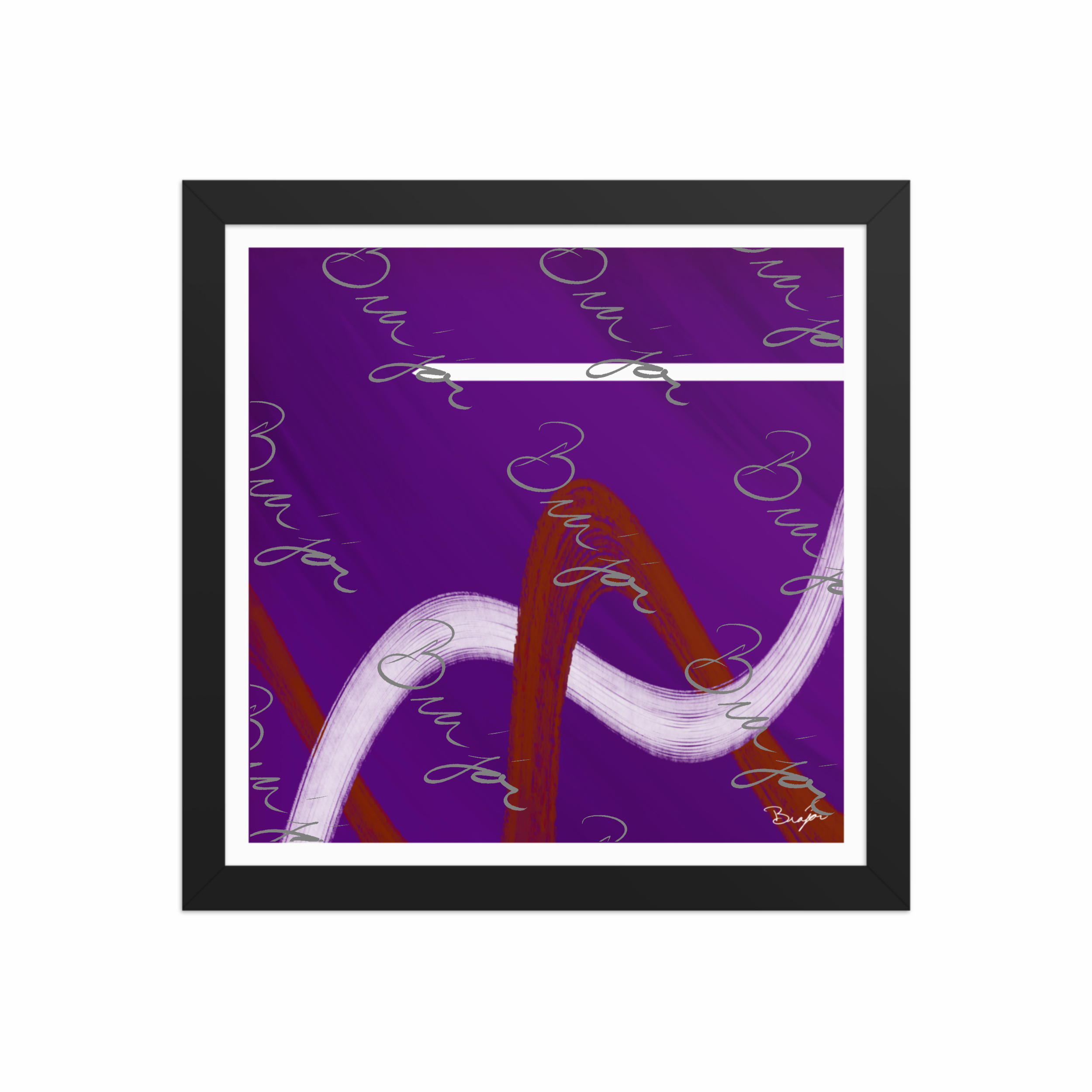 12x12 Black Framed abstract artwork titled Quiet designed by the digital abstract artist Bra'jor. Artwork includes the colors Purple, Red, and White