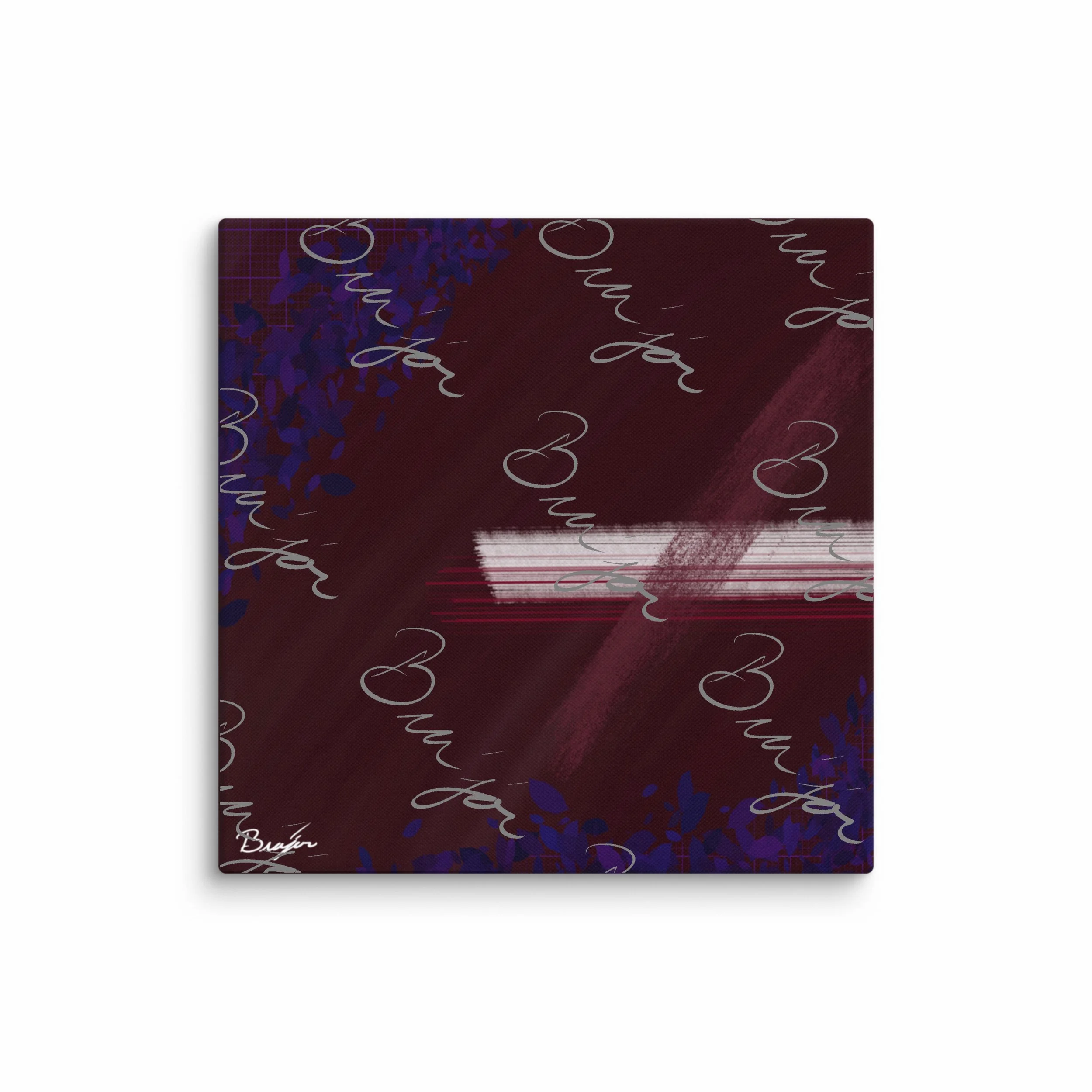 37x37 Abstract canvas artwork titled Guarded designed by the digital abstract artist Bra'jor. Artwork includes the colors Maroon, Black, Blue, and White