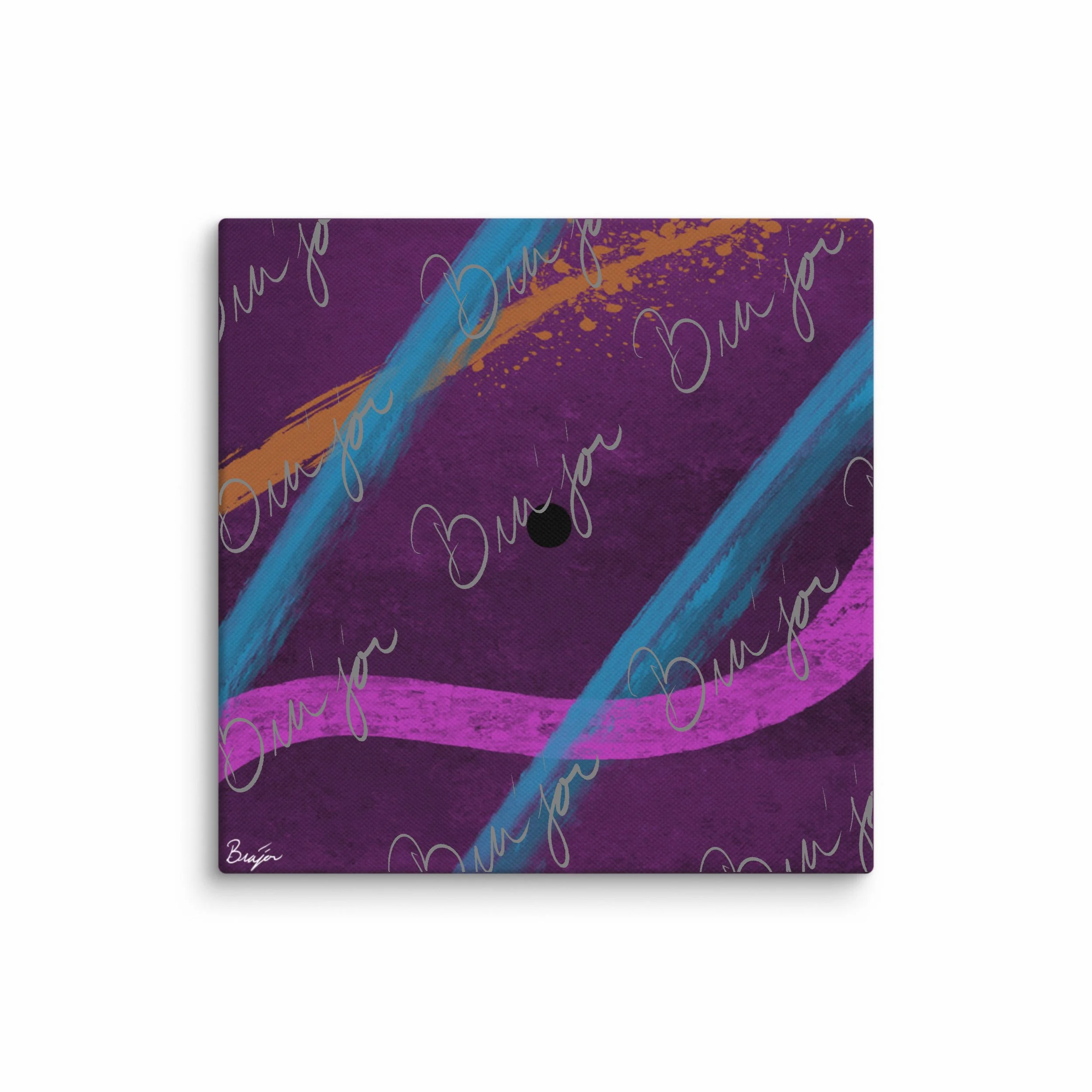 12x12 Canvas abstract artwork titled Absent designed by the digital abstract artist Bra'jor. Artwork includes the colors Blue, Orange, Black, Pink, and Purple