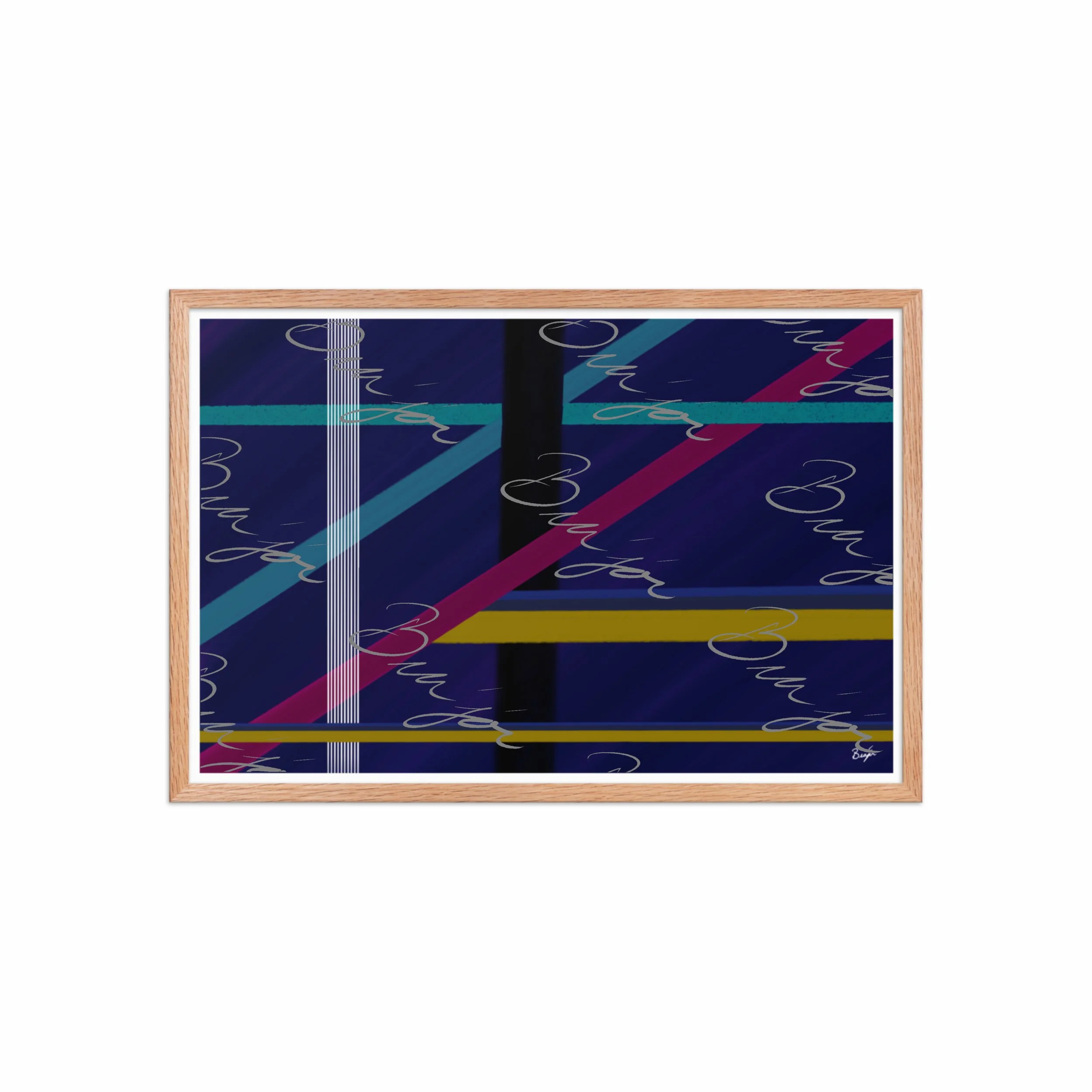 20x30 Red Oak Framed Abstract artwork titled Destinations designed by the digital abstract artist Bra'jor. Artwork includes the colors Black, Blue, Yellow, Pink, and White