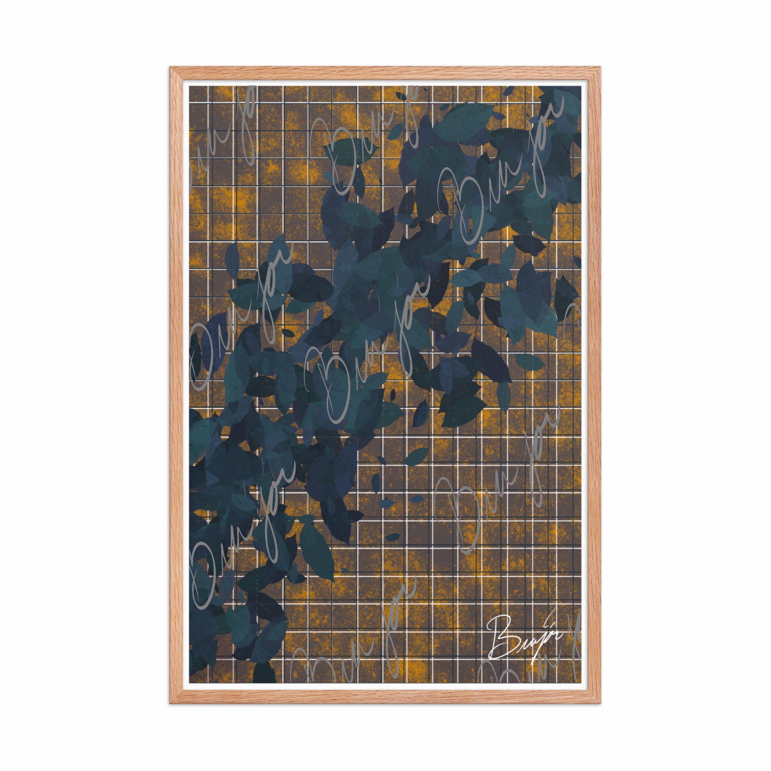 24x36 Red Oak Framed abstract artwork titled Changes designed by the digital abstract artist Bra'jor. Artwork includes the colors Blue in different dark shades, Orange, White, and Black