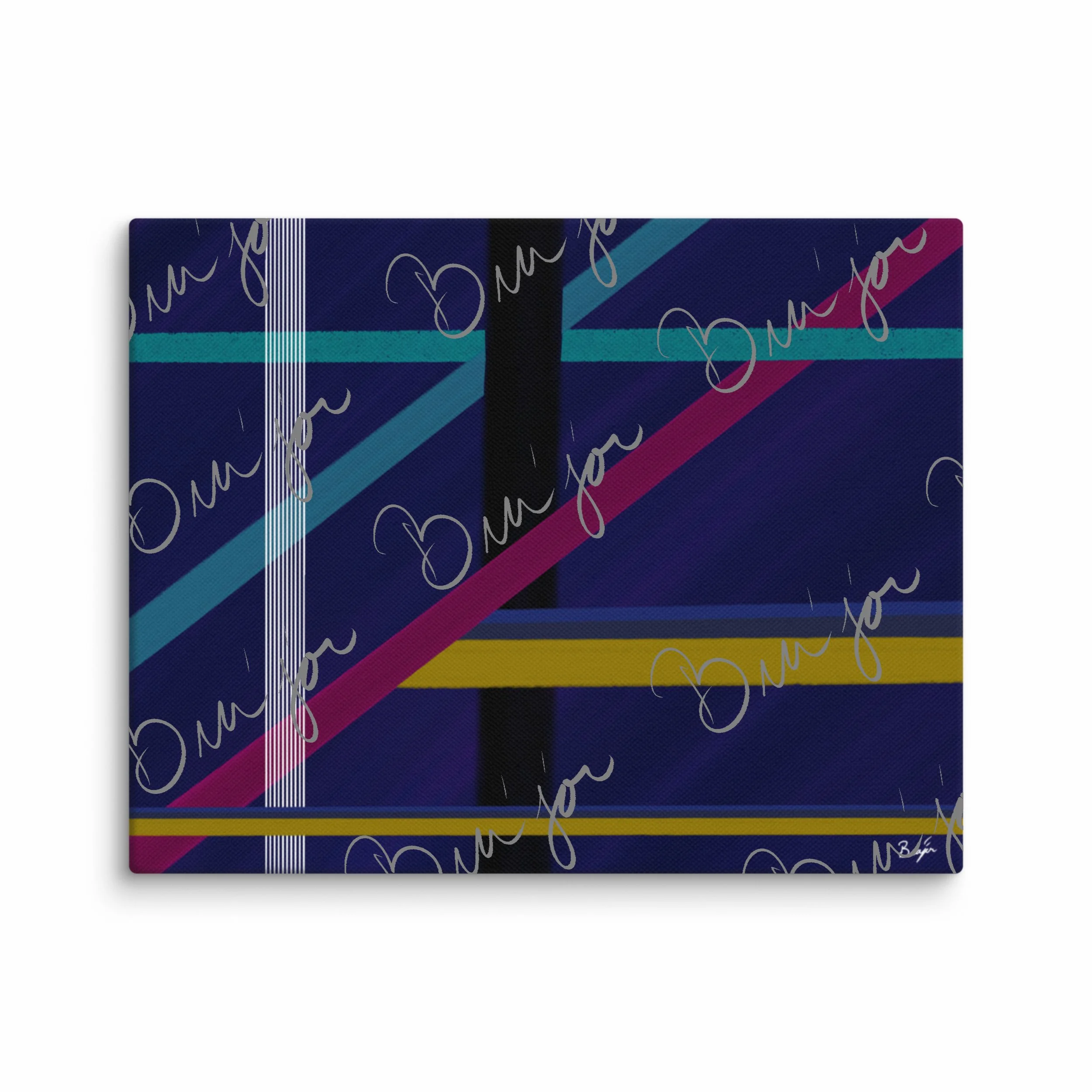 11x14 Canvas Abstract artwork titled Destinations designed by the digital abstract artist Bra'jor. Artwork includes the colors Black, Blue, Yellow, Pink, and White