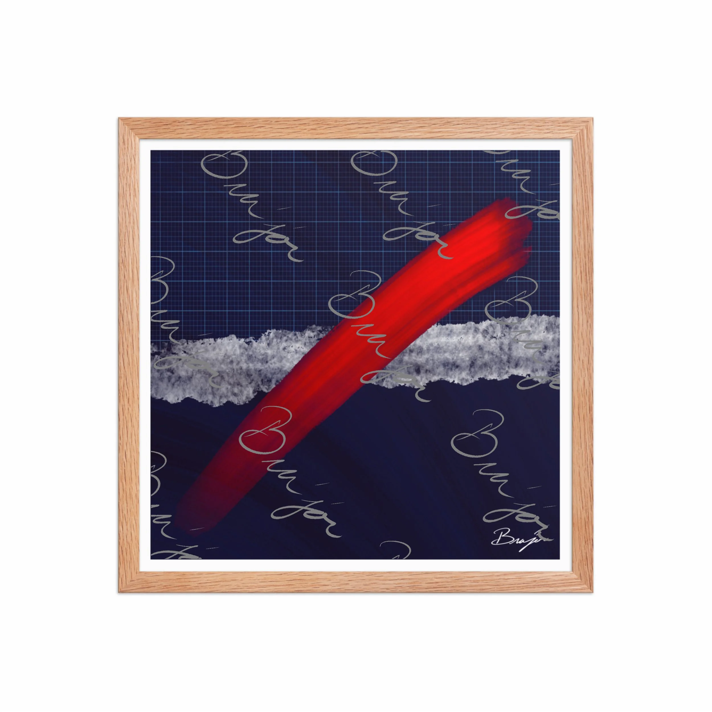 16x16 Red Oak Framed abstract artwork titled Strike designed by the digital abstract artist Bra'jor. Artwork includes the colors Red, Blue, white, and Gray