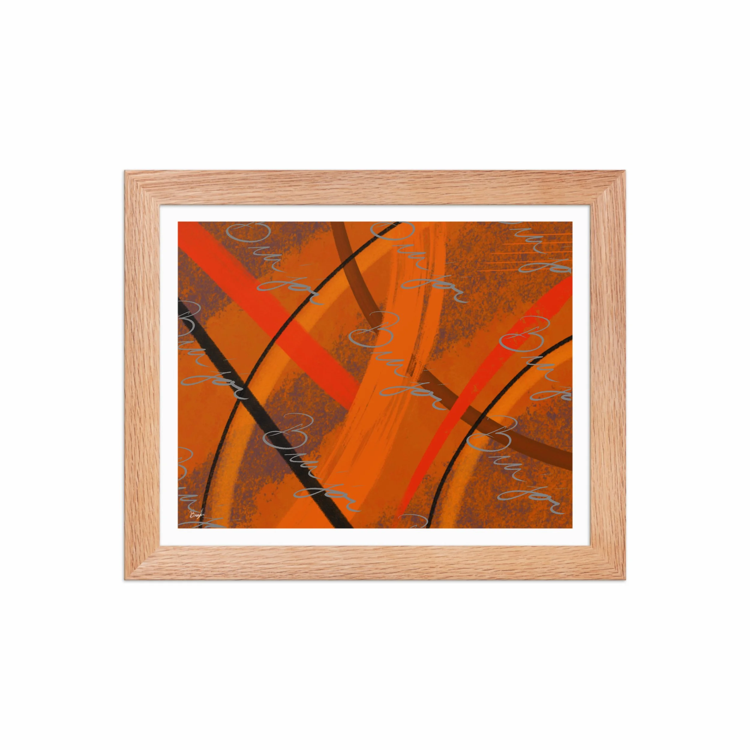 8x10 Red Oak Framed Abstract artwork titled Challenges designed by the digital abstract artist Bra'jor. Artwork includes the colors Orange, Brown, Blue, and Black
