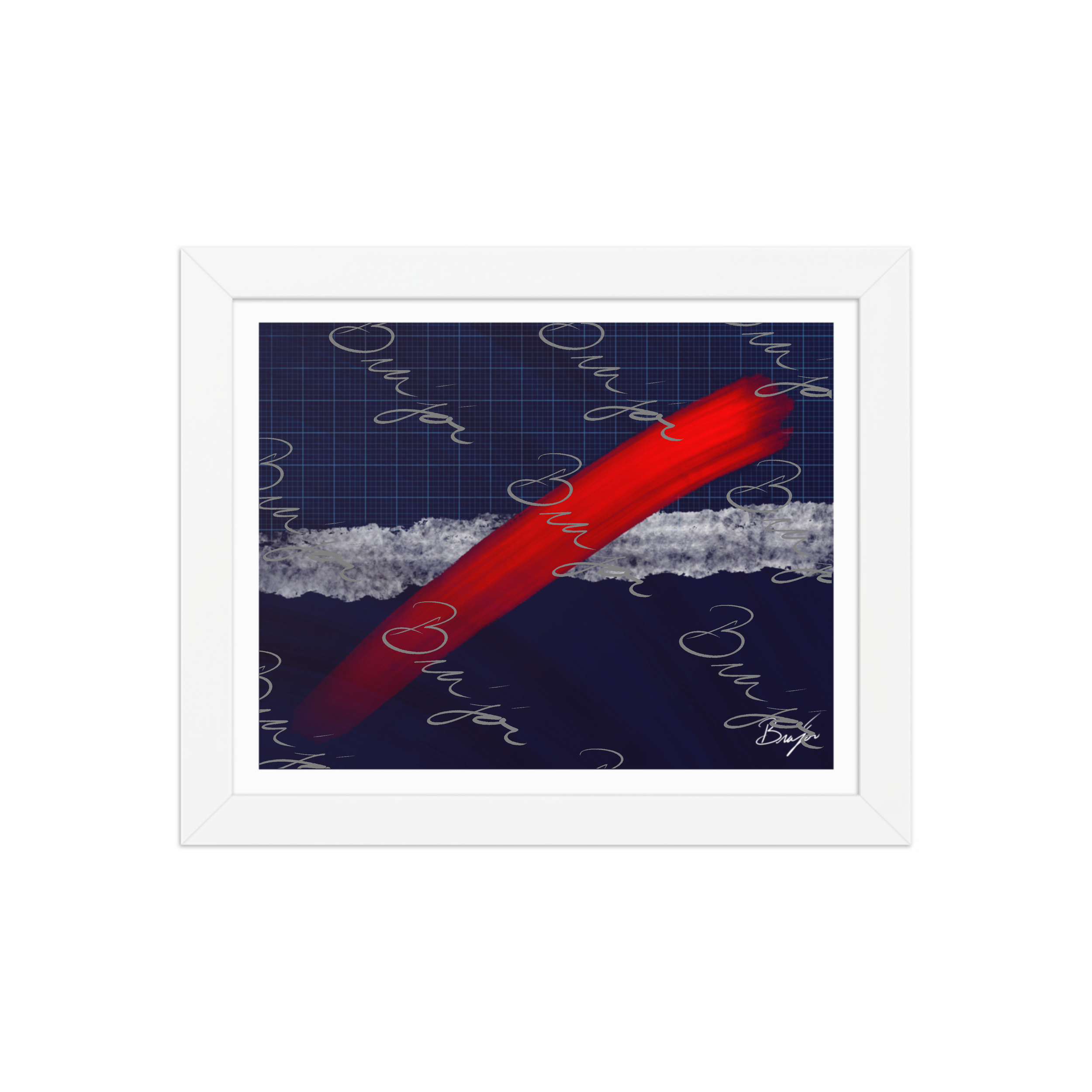 8x10 White Framed abstract artwork titled Strike designed by the digital abstract artist Bra'jor. Artwork includes the colors Red, Blue, white, and Gray