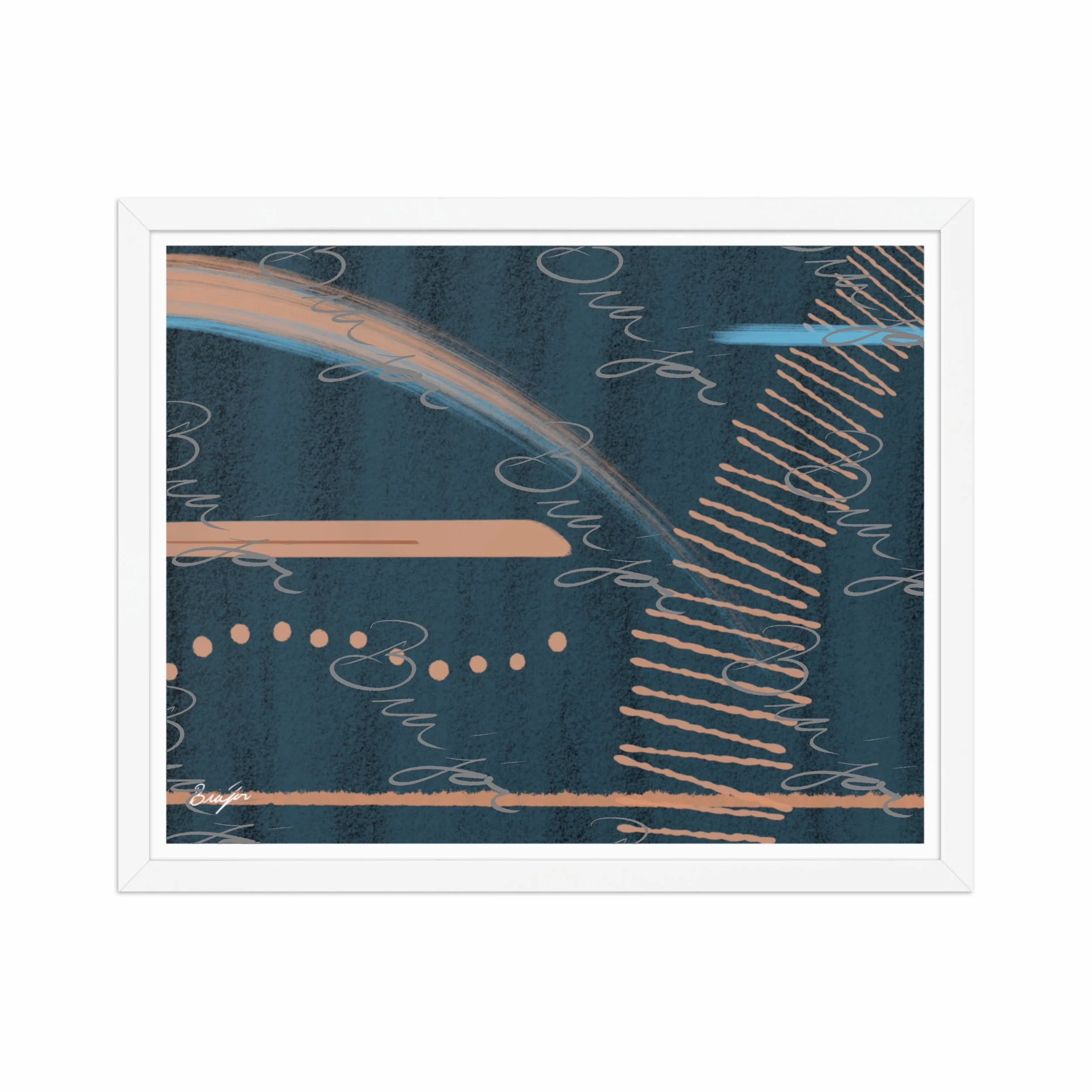 16x20 White Framed abstract artwork titled Effort designed by the digital abstract artist Bra'jor. Artwork includes the colors Black, Blue, Brown, and Tan