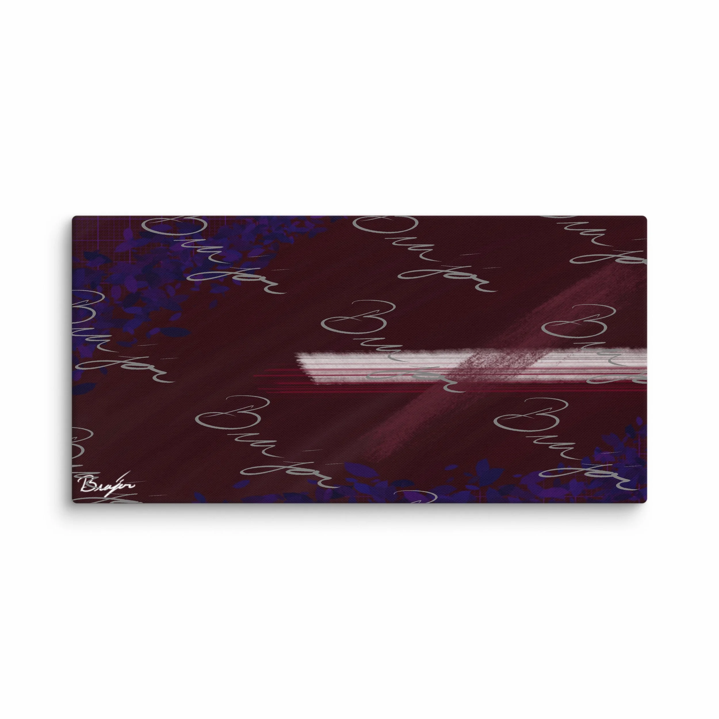 30x60 Abstract canvas artwork titled Guarded designed by the digital abstract artist Bra'jor. Artwork includes the colors Maroon, Black, Blue, and White