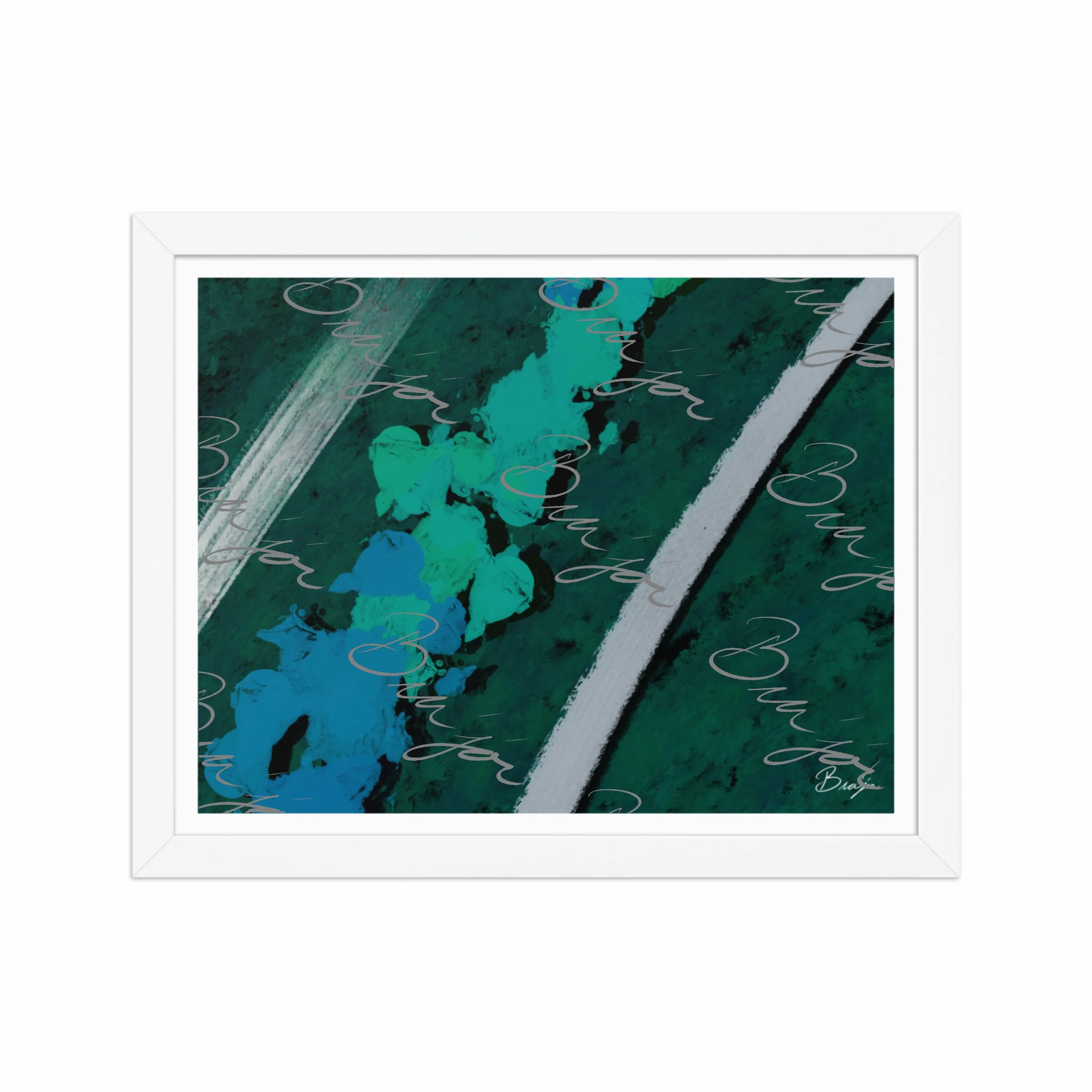 11x14 White Framed abstract artwork titled Breathe designed by the digital abstract artist Bra'jor. Artwork includes the colors Green, Blue, Black, and White