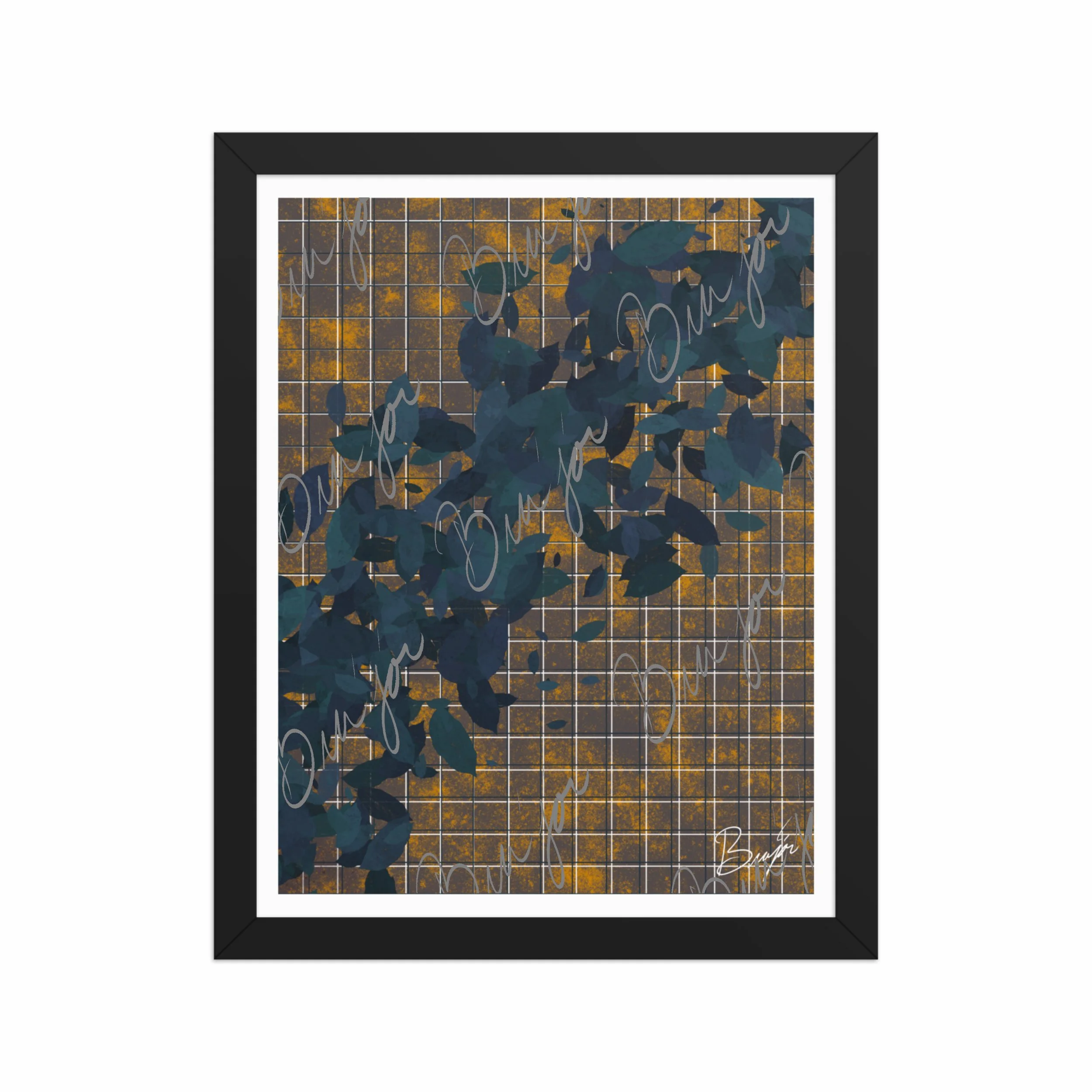 11x14 Black Framed abstract artwork titled Changes designed by the digital abstract artist Bra'jor. Artwork includes the colors Blue in different dark shades, Orange, White, and Black