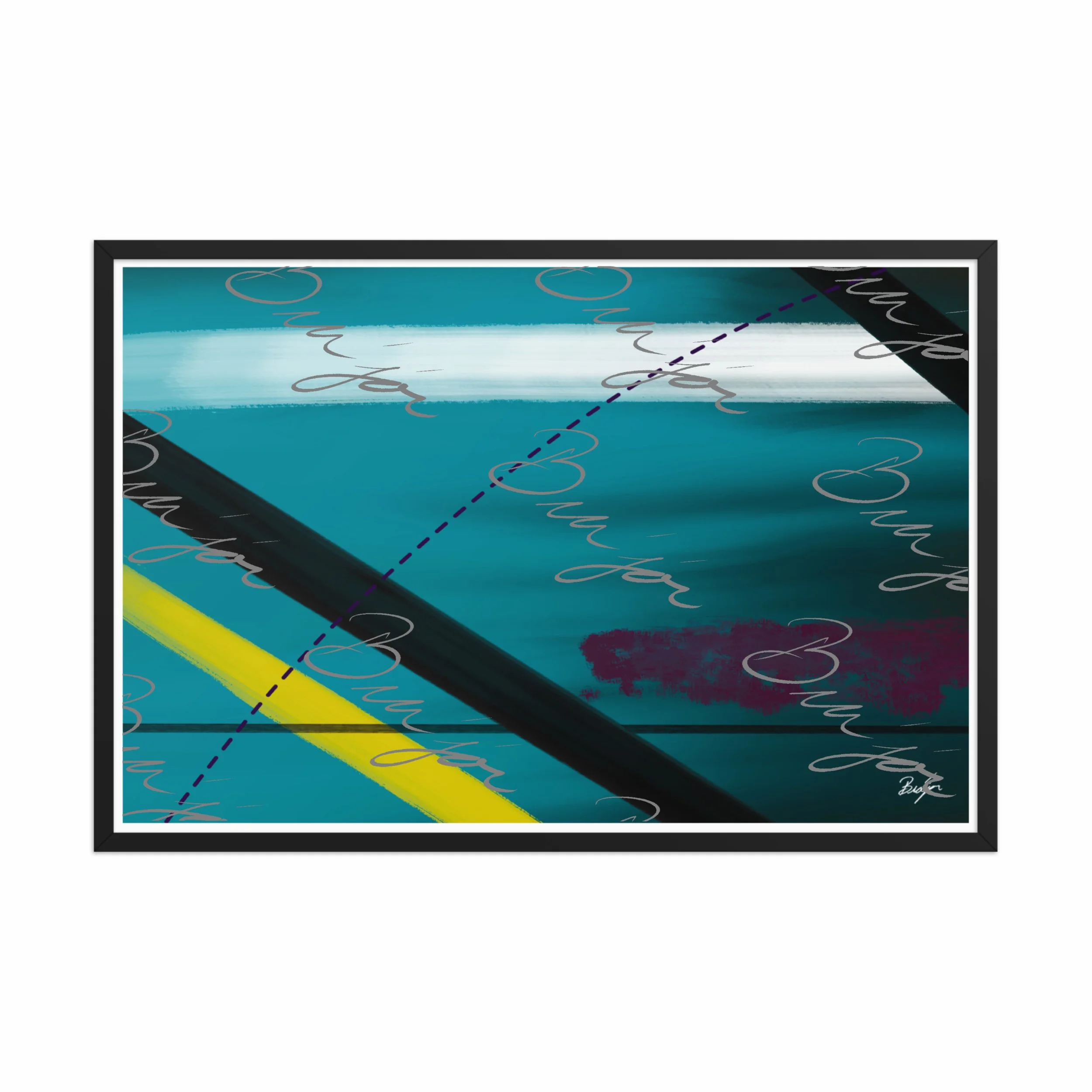 24x36 Black Framed Abstract artwork titled First designed by the digital abstract artist Bra'jor. Artwork includes the colors Blue, Yellow, Black, Purple, and White