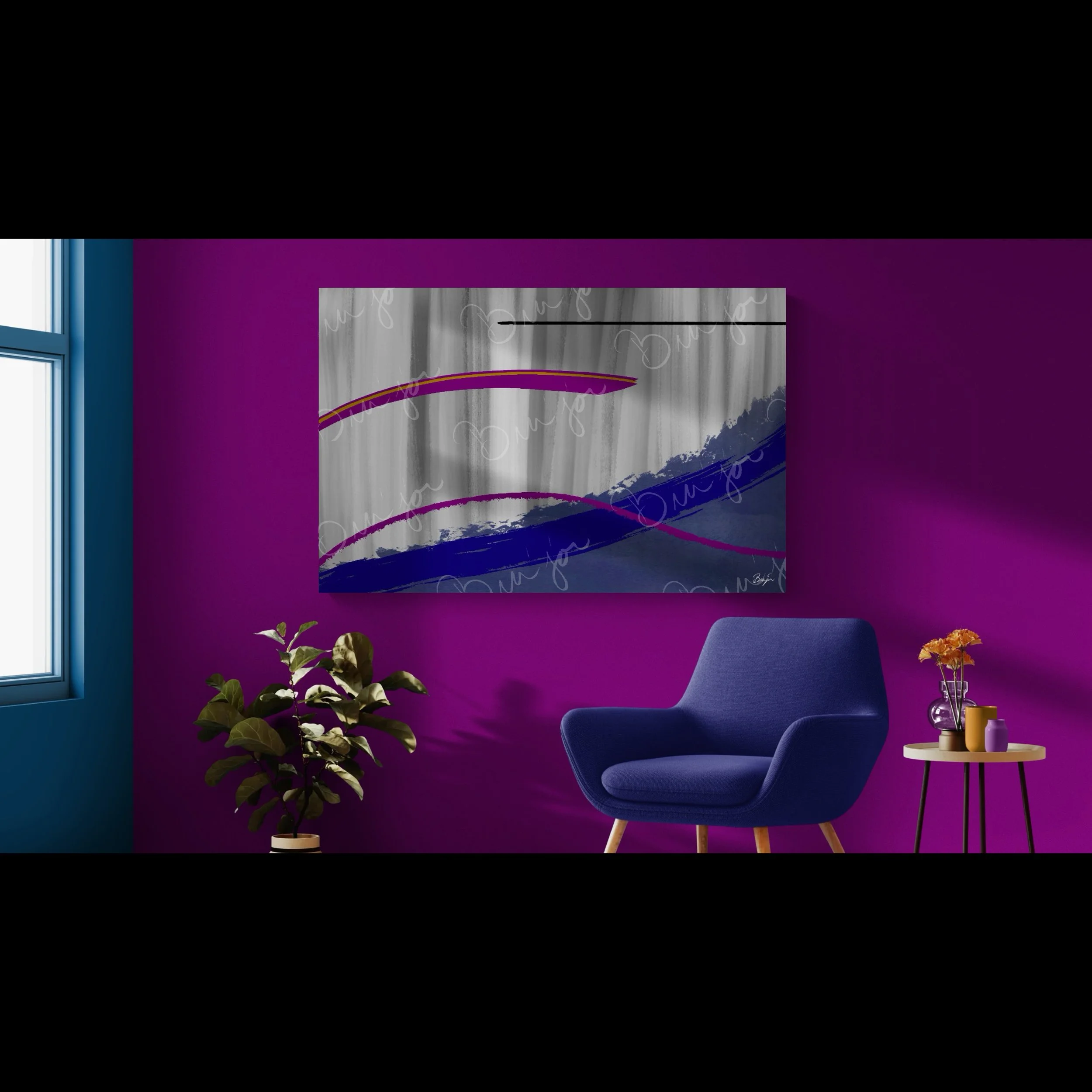 XL Canvas Abstract artwork titled Reworking designed by the digital abstract artist Bra'jor. Artwork includes the colors Purple, Gray, Blue, Mustard Yellow, and Black