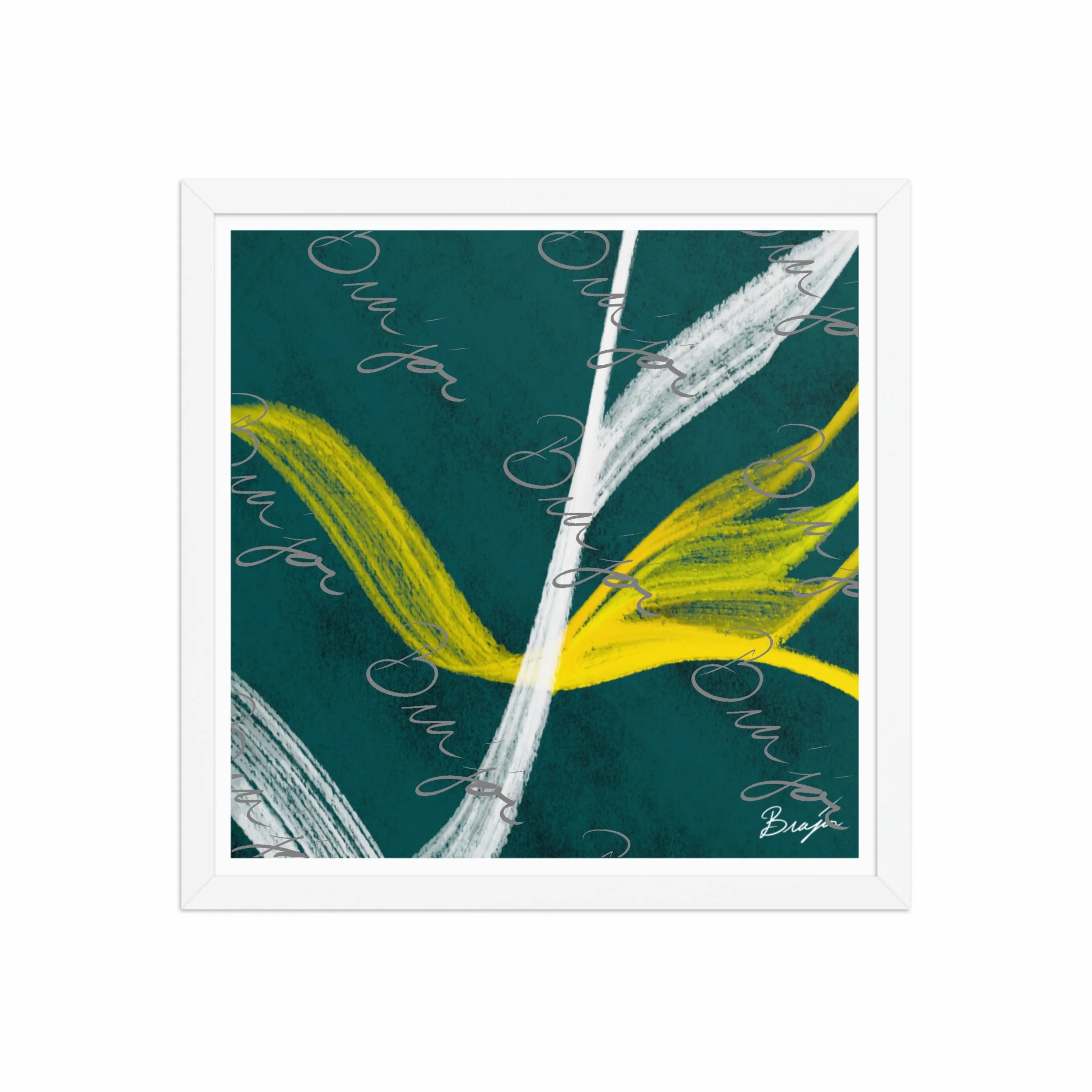 16x16 White Framed abstract artwork titled Beginnings designed by the digital abstract artist Bra'jor. Artwork includes the colors Yellow, Green, White, and Black