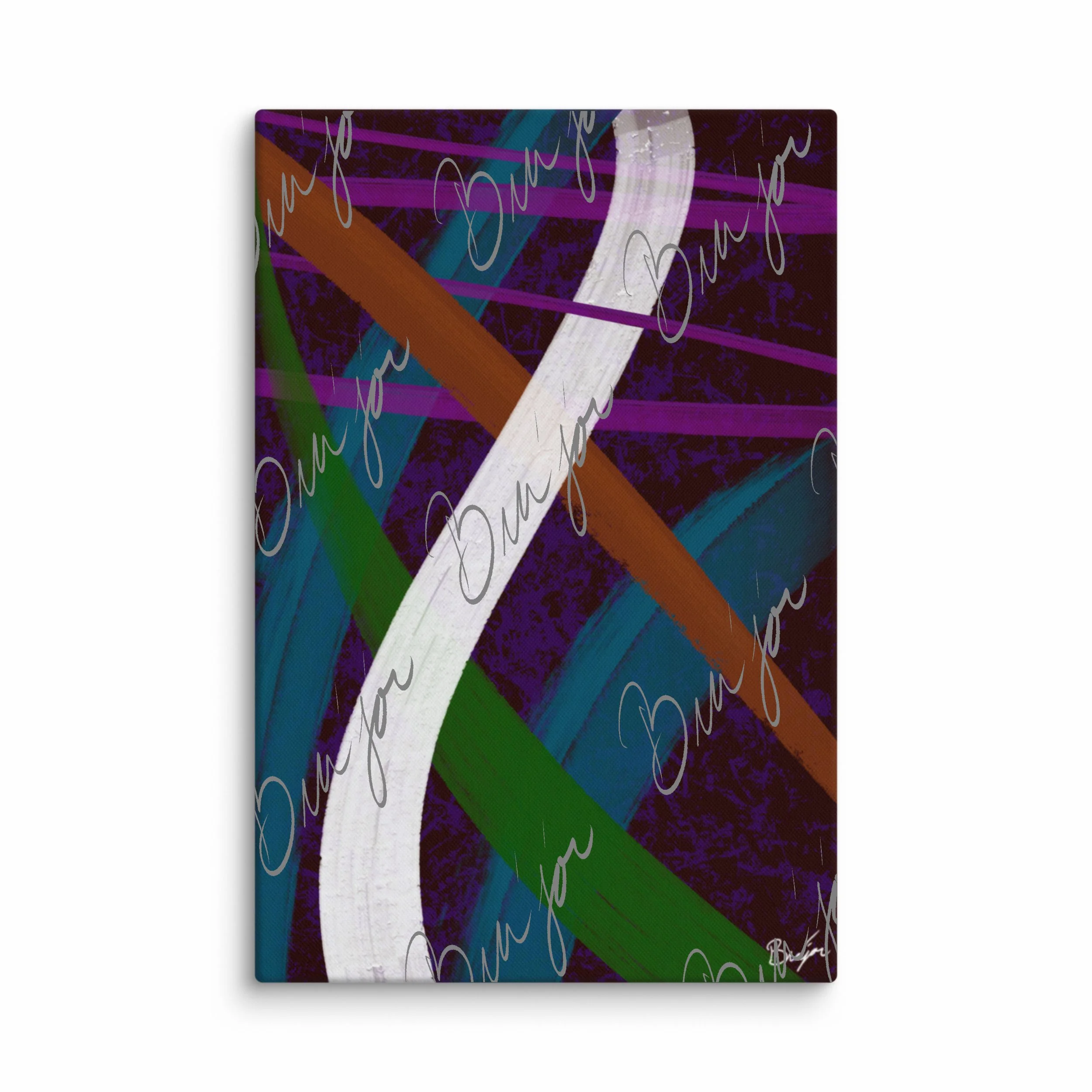 24x36 Canvas abstract artwork titled Adventures designed by the digital abstract artist Bra'jor. Artwork includes the colors Purple, Blue, Orange, and White