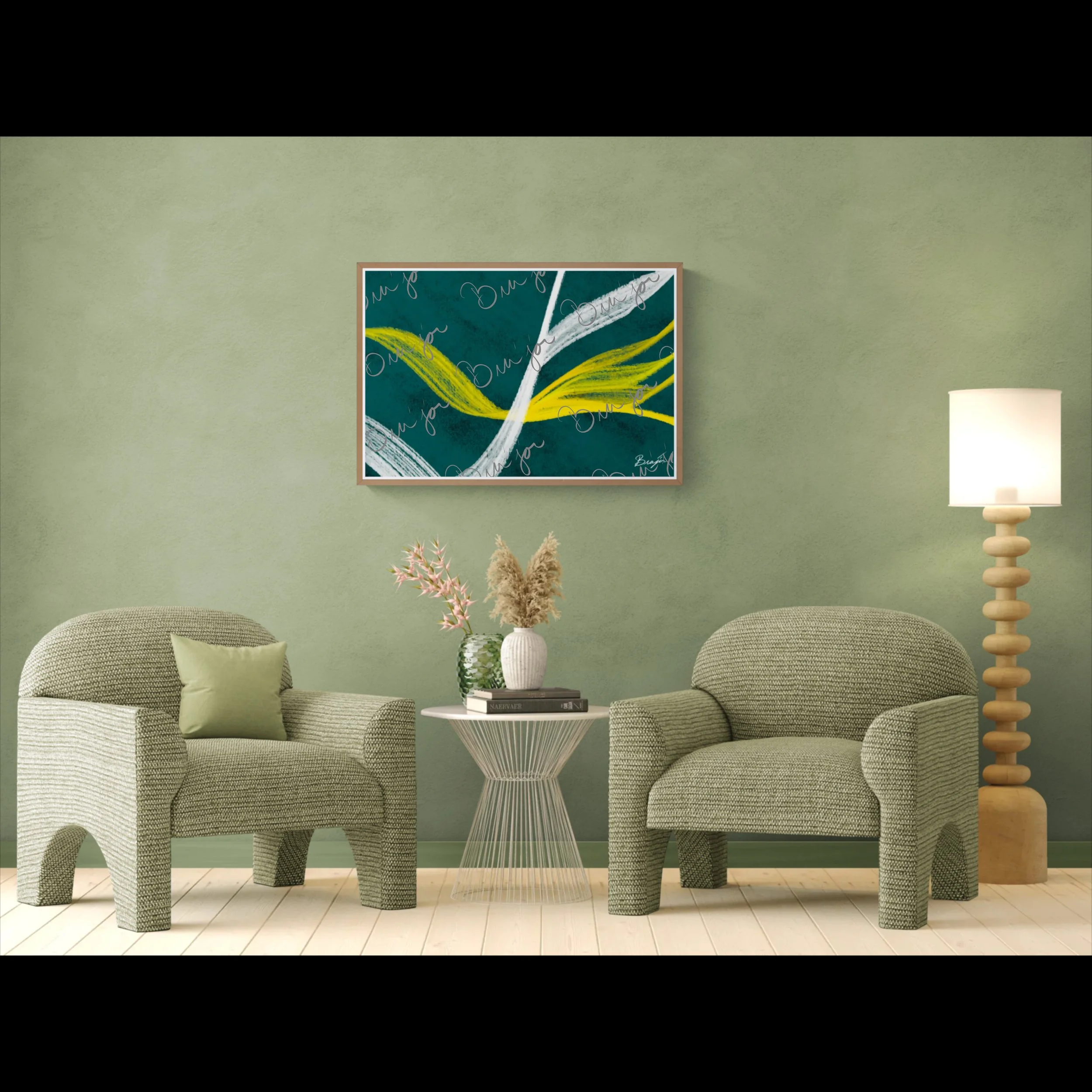 Framed abstract artwork titled Beginnings designed by the digital abstract artist Bra'jor. Artwork includes the colors Yellow, Green, White, and Black