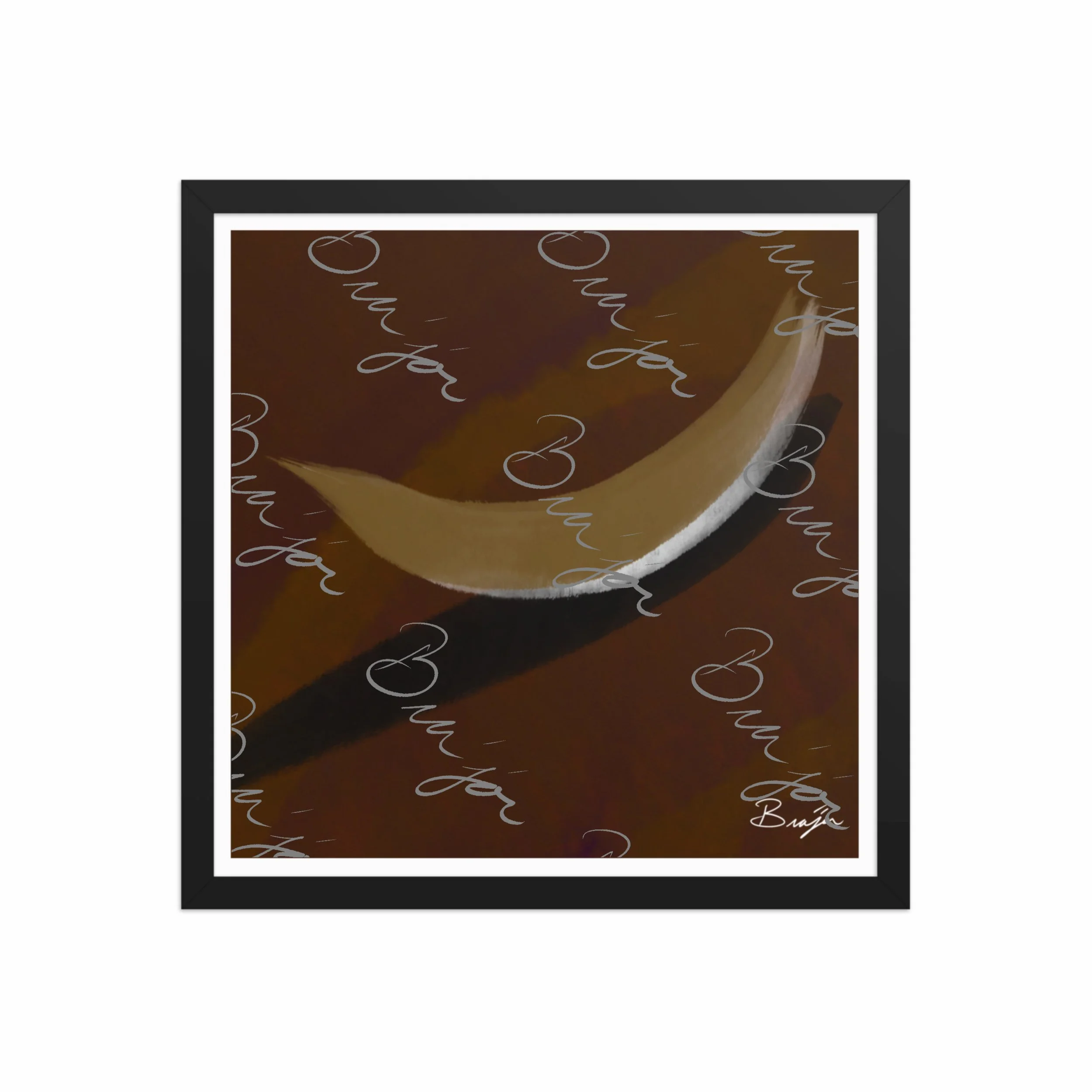 16x16 Black Framed abstract artwork titled Always There designed by the digital abstract artist Bra'jor. Artwork includes the colors Brown, Tan, White, and Black with a Purple undertone