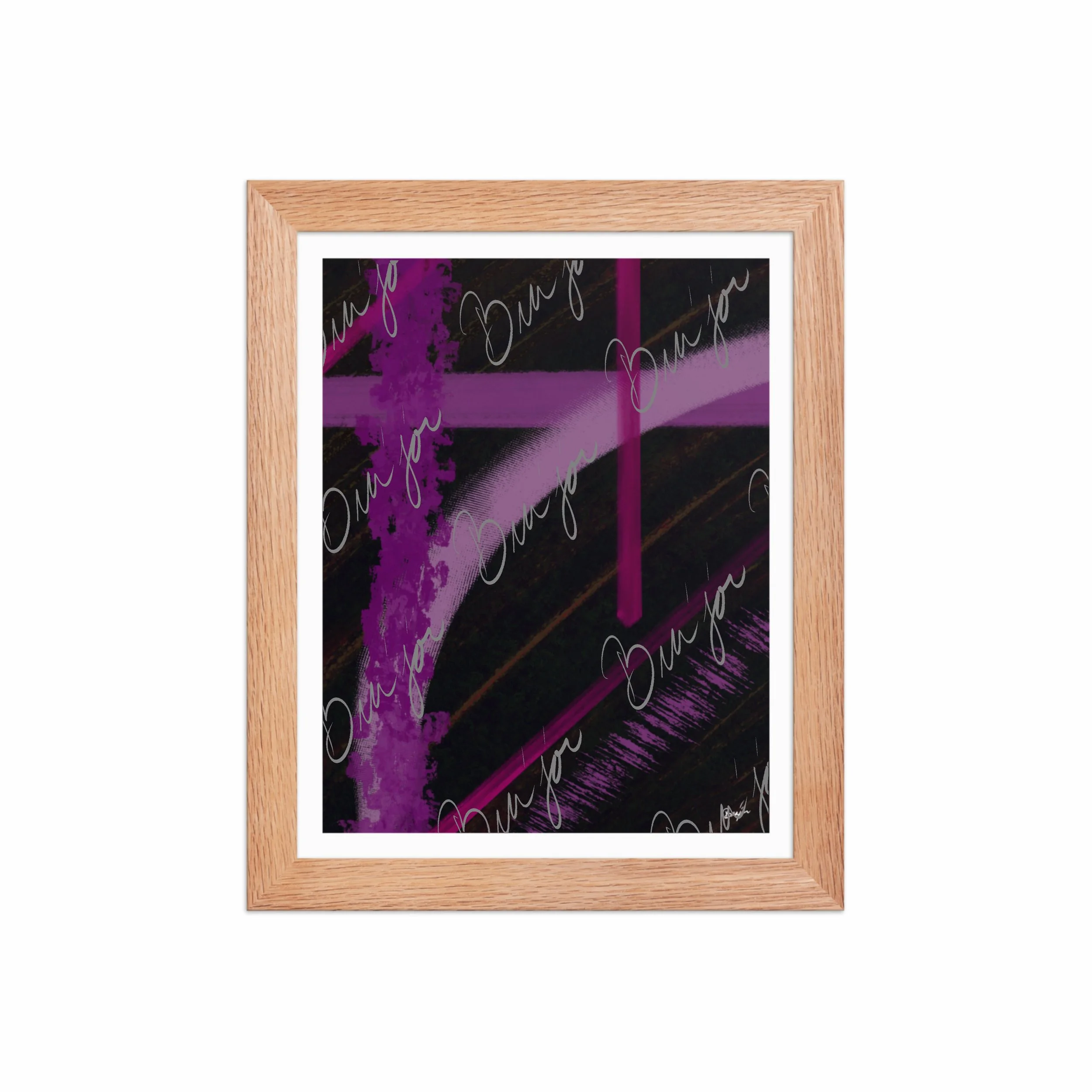 8x10 Red Oak Framed Abstract artwork titled Be Soft designed by the digital abstract artist Bra'jor. Artwork includes the colors Purple, Lavender, Pink, Orange, and Black