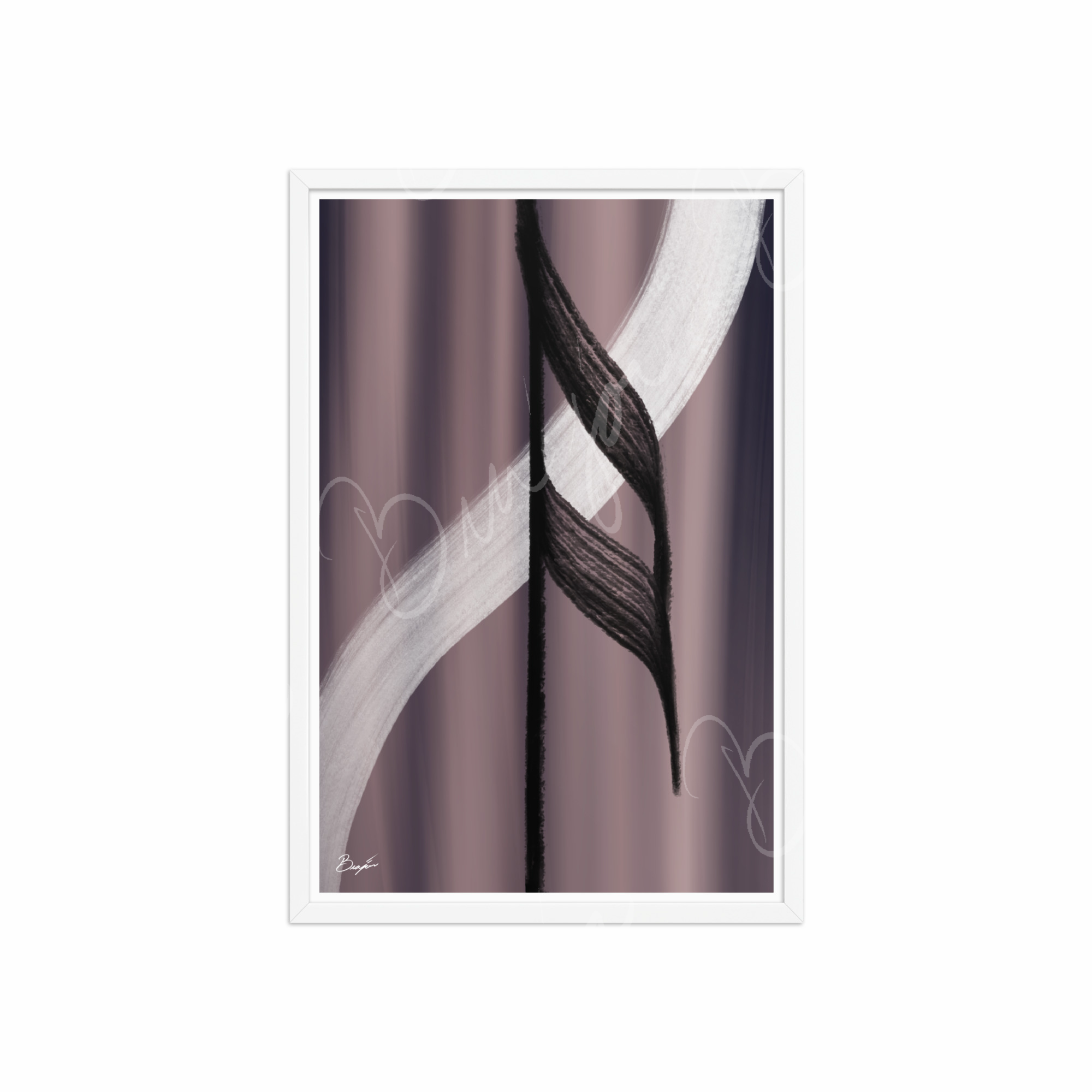 20x30 White Framed Abstract artwork titled A Beat designed by the digital abstract artist Bra'jor. Artwork includes the colors Black, White, Gray, violet, and Mauve