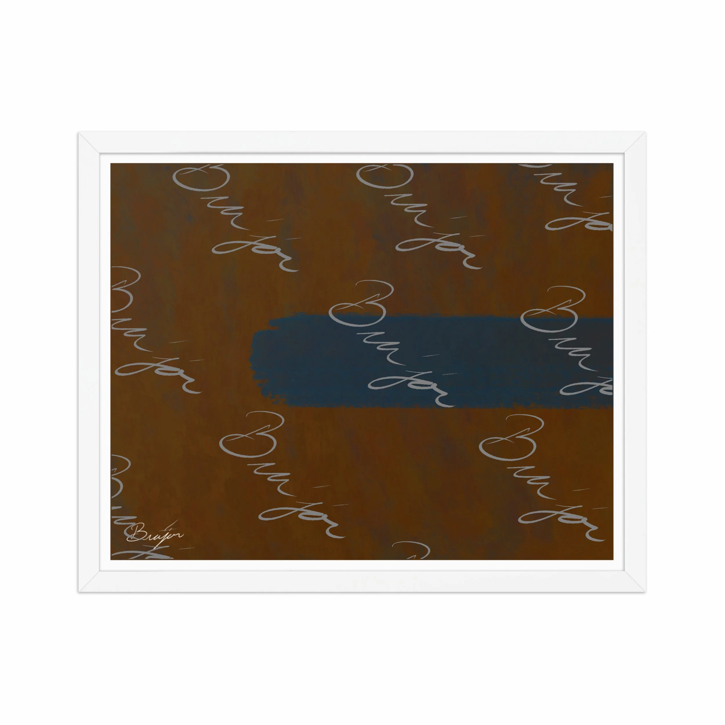 16x20 White Framed Abstract artwork titled Distraction designed by the digital abstract artist Bra'jor. Artwork includes the colors Brown, Blue, and Orange