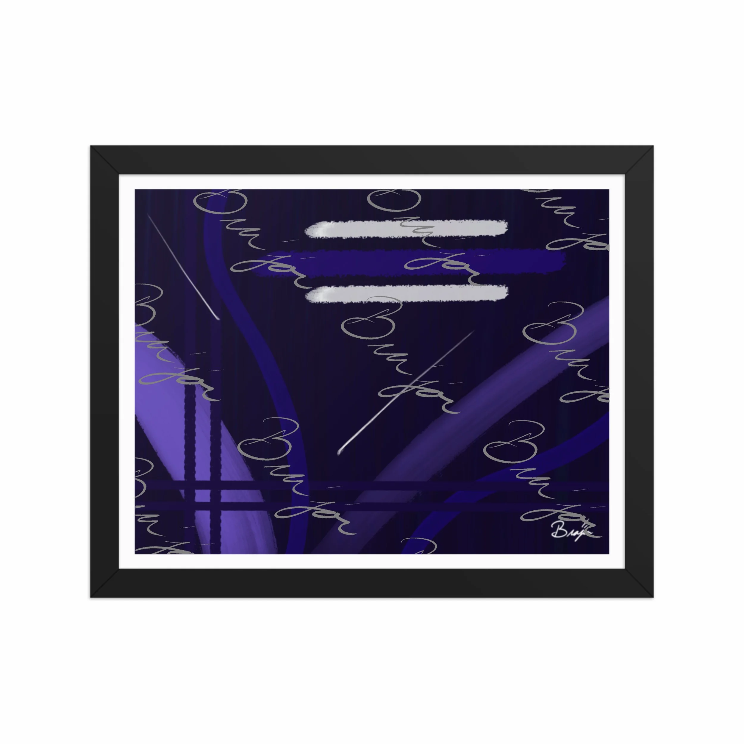 11x14 Black Framed Abstract artwork titled Beneath designed by the digital abstract artist Bra'jor. Artwork includes the colors Blue, White, Purple, and Navy