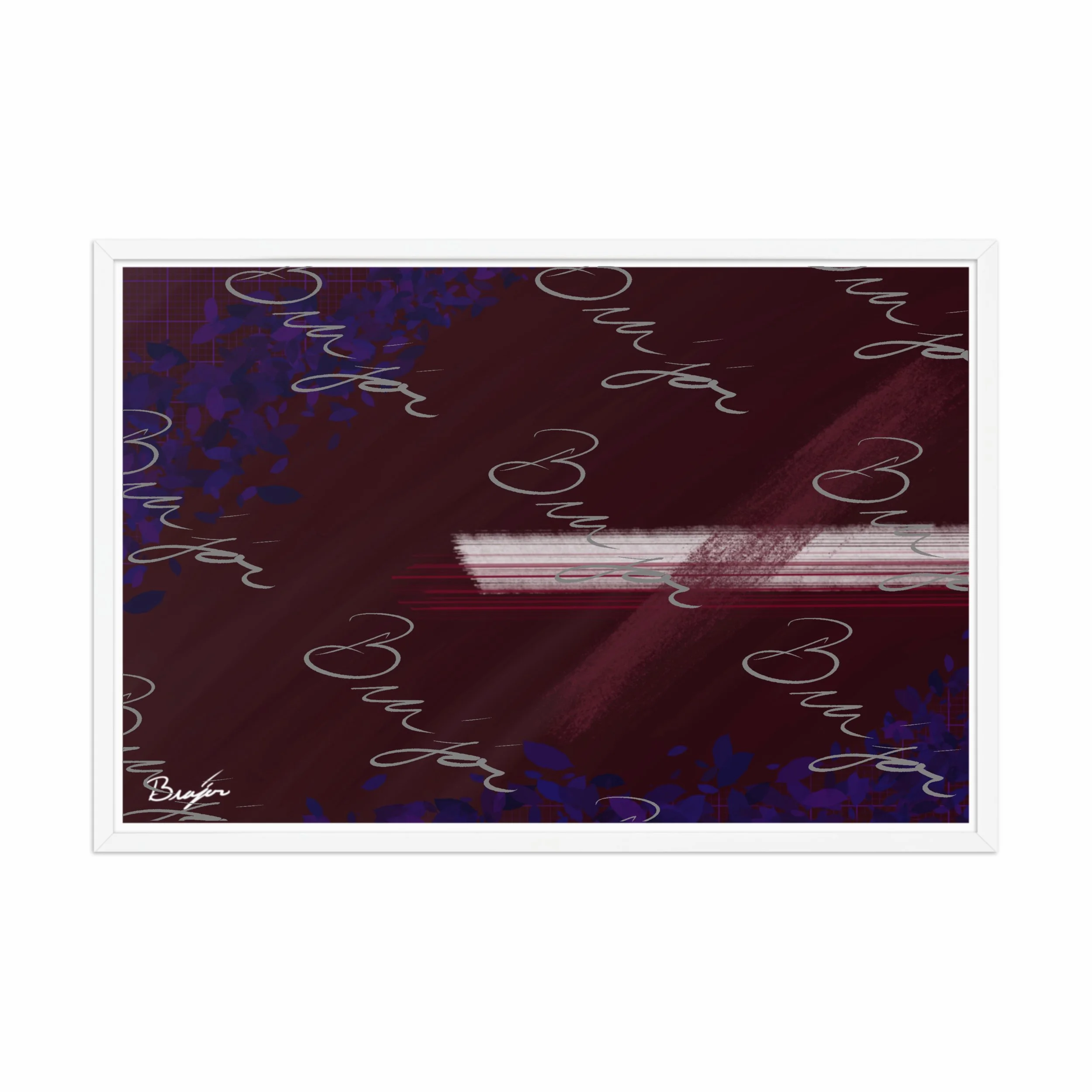 24x36 White framed abstract artwork titled Guarded designed by the digital abstract artist Bra'jor. Artwork includes the colors Maroon, Black, Blue, and White