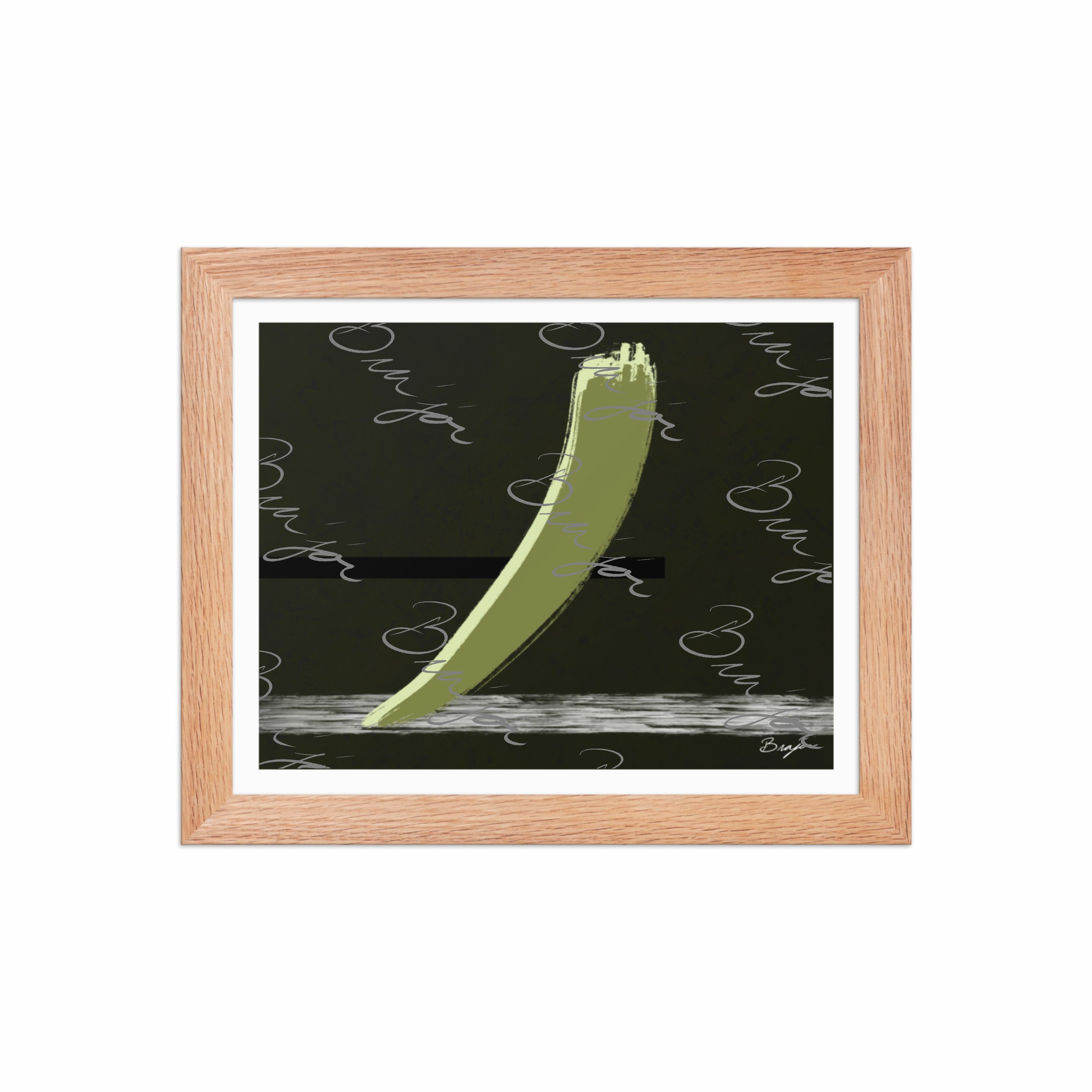 8x10 Red Oak Framed abstract artwork titled Drift designed by the digital abstract artist Bra'jor. Artwork includes the colors Green in multiple shades, Black,  White, and Gray