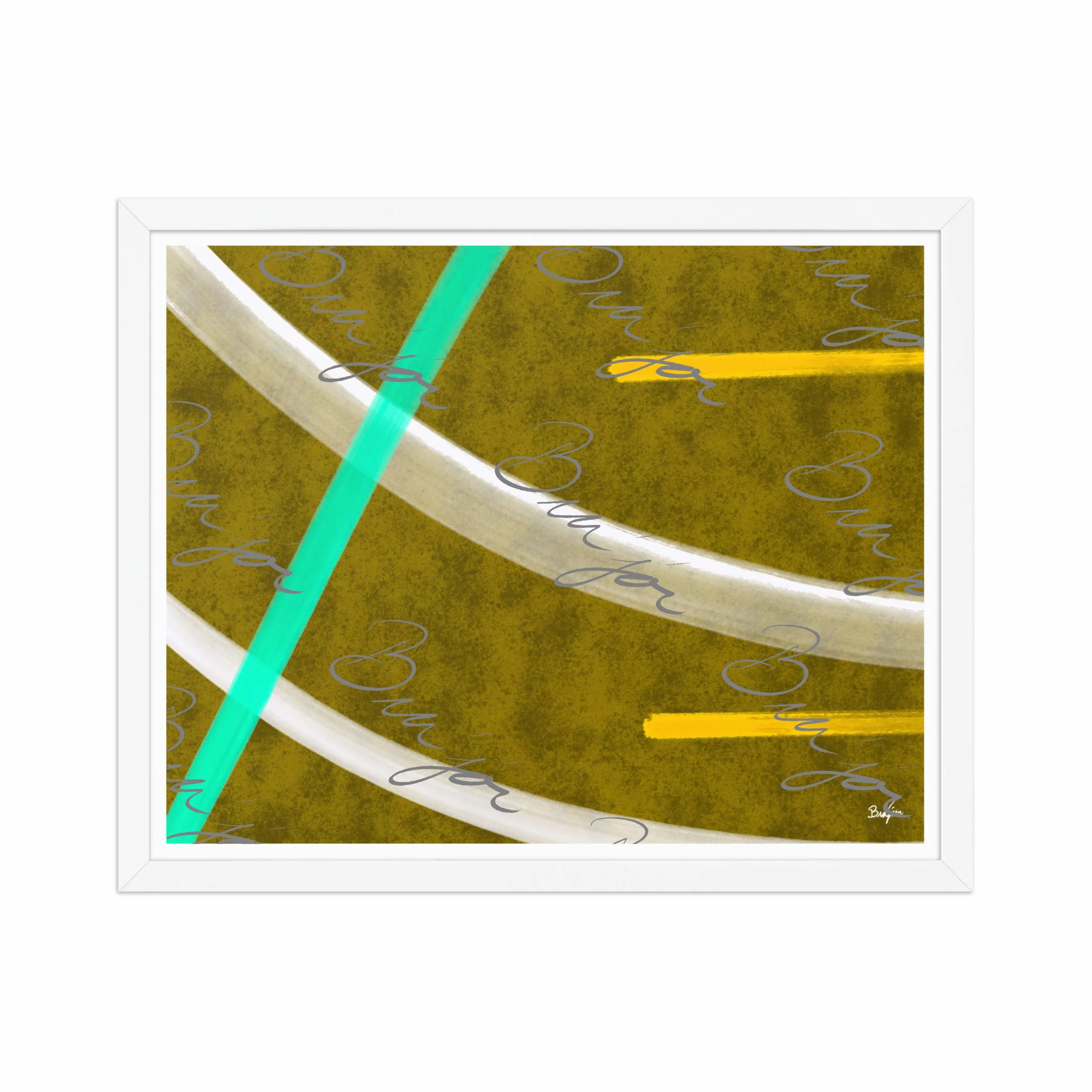 16x20 White Framed Abstract artwork titled Hushed designed by the digital abstract artist Bra'jor. Artwork includes the colors Orange, Yellow, White, and Blue