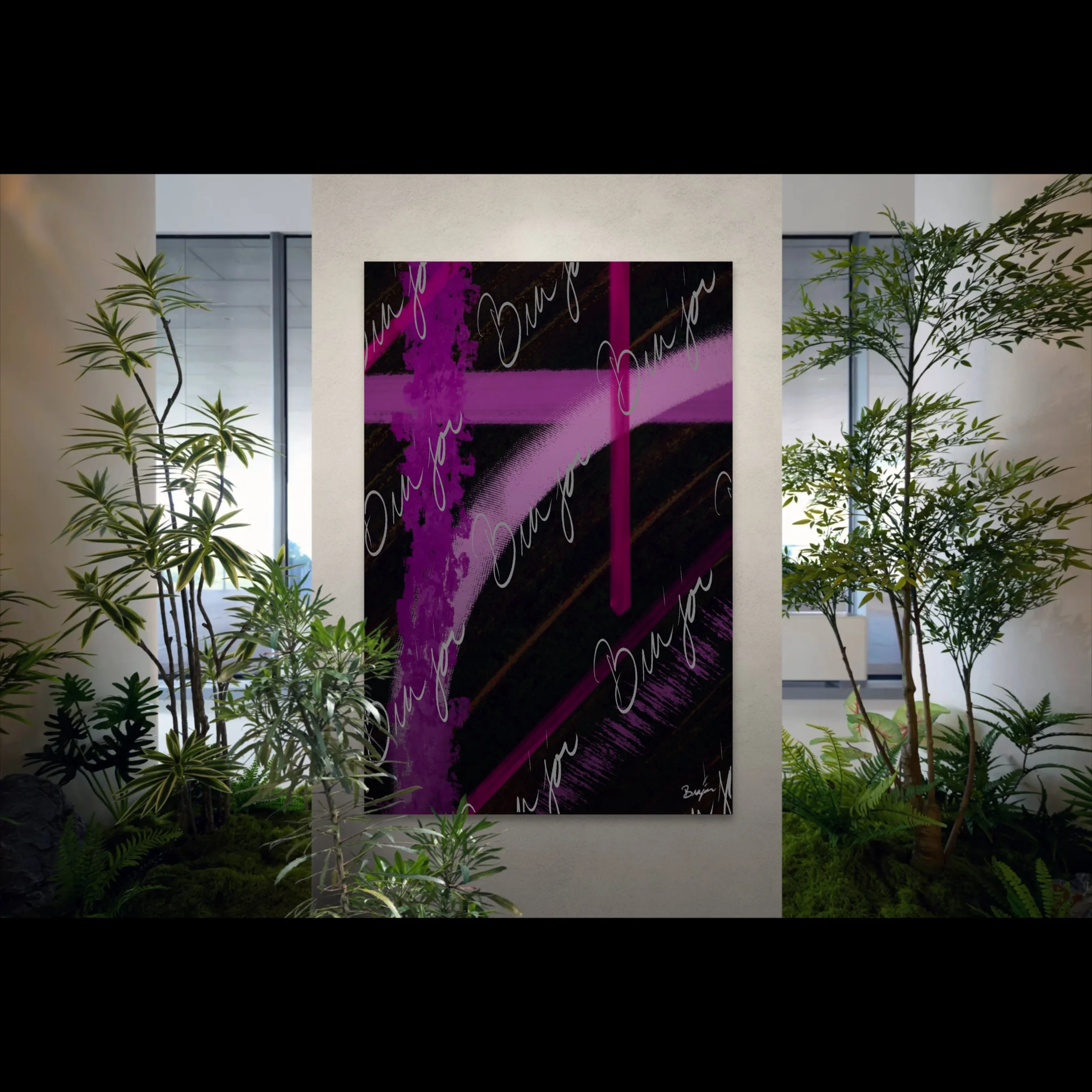 XL abstract canvas artwork titled Be Soft designed by the digital abstract artist Bra'jor. Artwork includes the colors Purple, Lavender, Pink, Orange, and Black