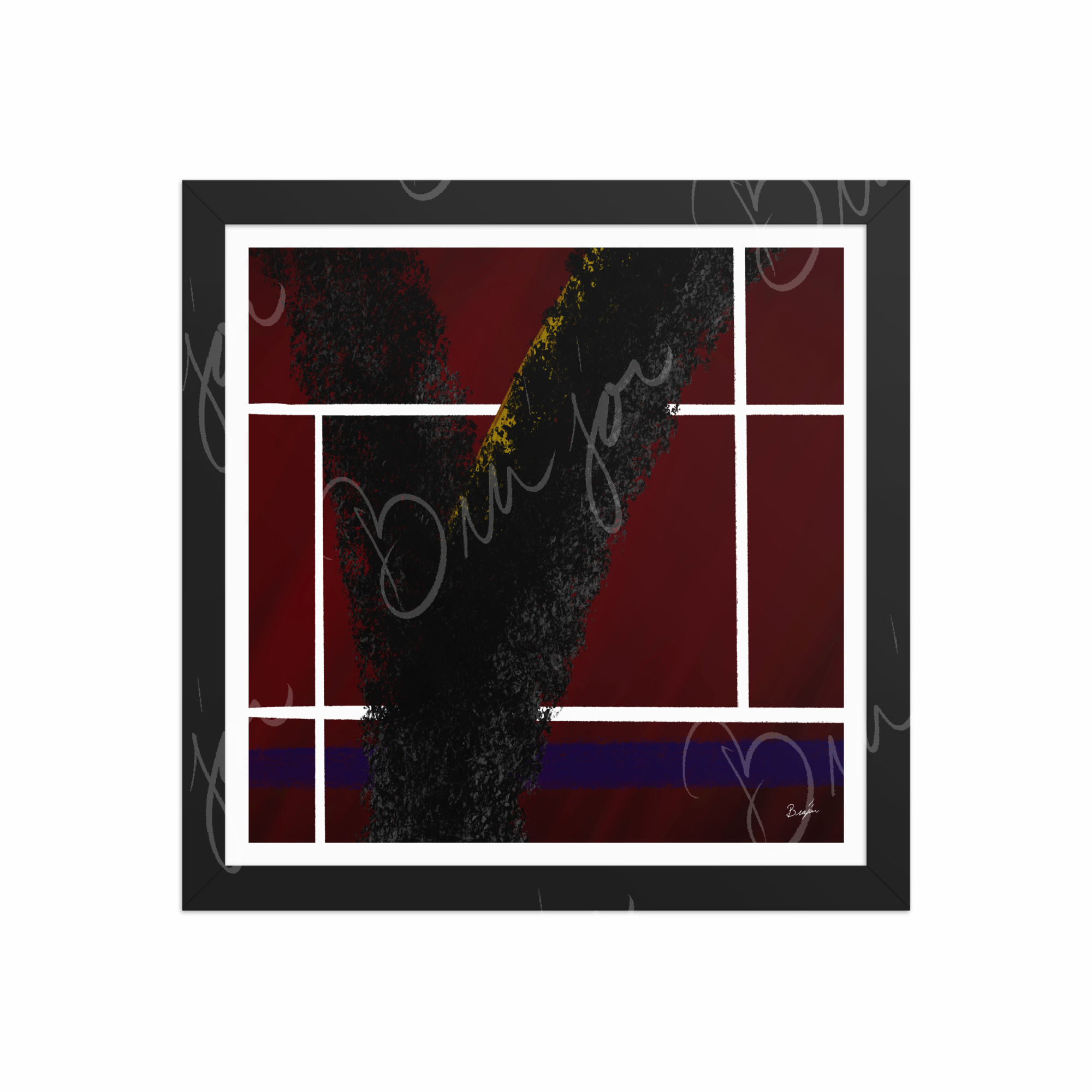 12x12 Black Framed Abstract artwork titled Step Out designed by the digital abstract artist Bra'jor. Artwork includes the colors Red, White, Black, Yellow, and Blue