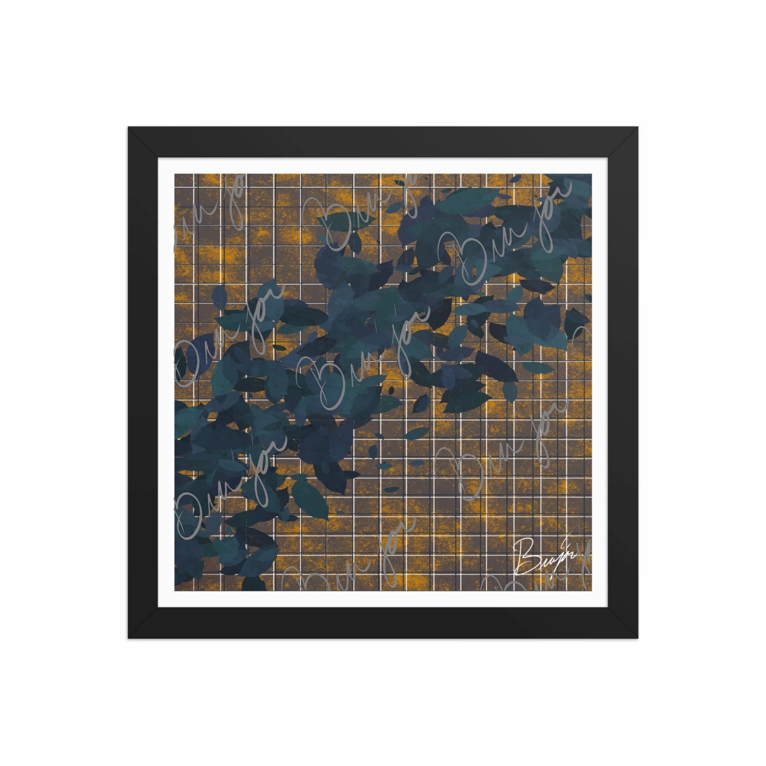 12x12 Black Framed abstract artwork titled Changes designed by the digital abstract artist Bra'jor. Artwork includes the colors Blue in different dark shades, Orange, White, and Black