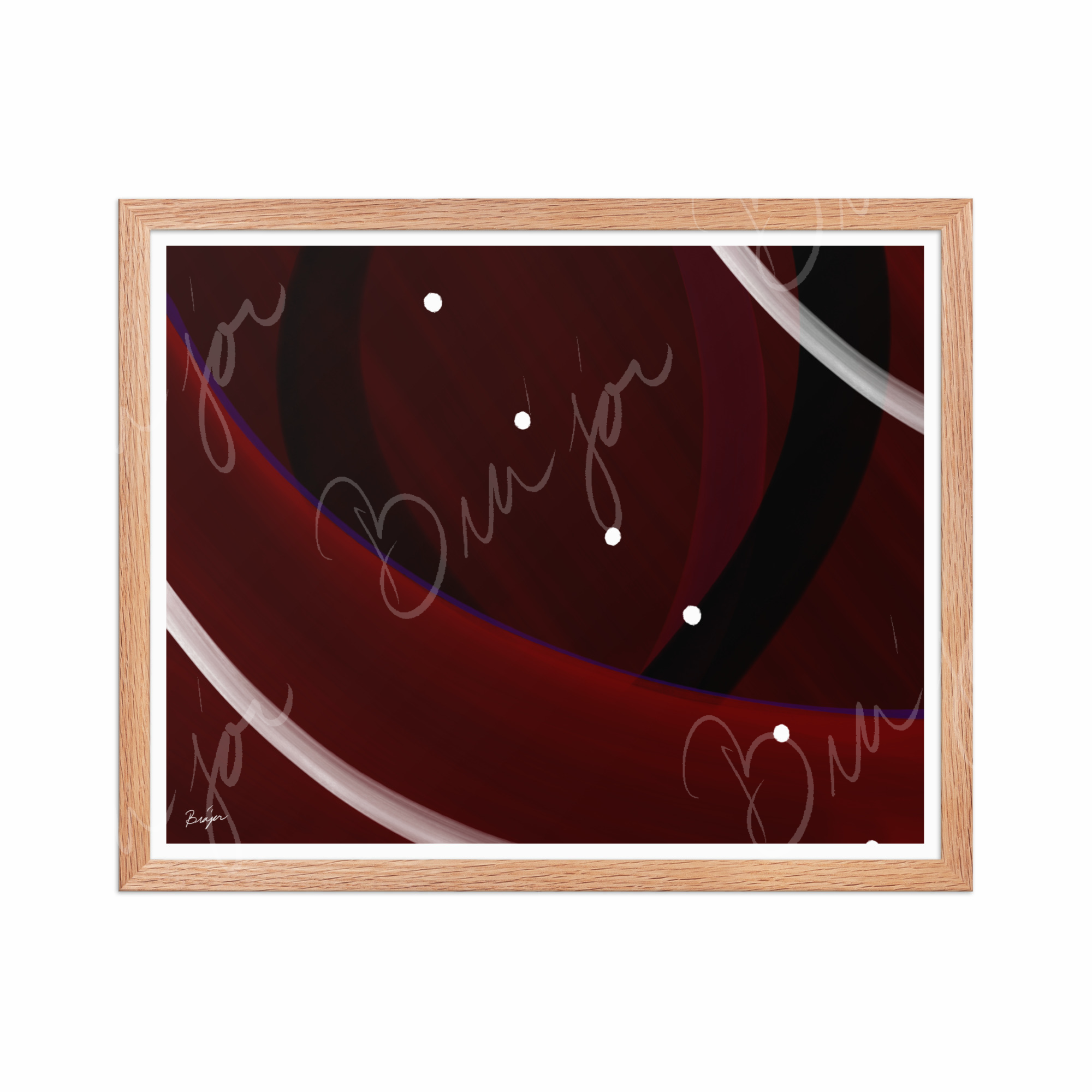 16x20 Red Oak Framed Abstract artwork titled Trail Back designed by the digital abstract artist Bra'jor. Artwork includes the colors Red, Black, Purple, and White