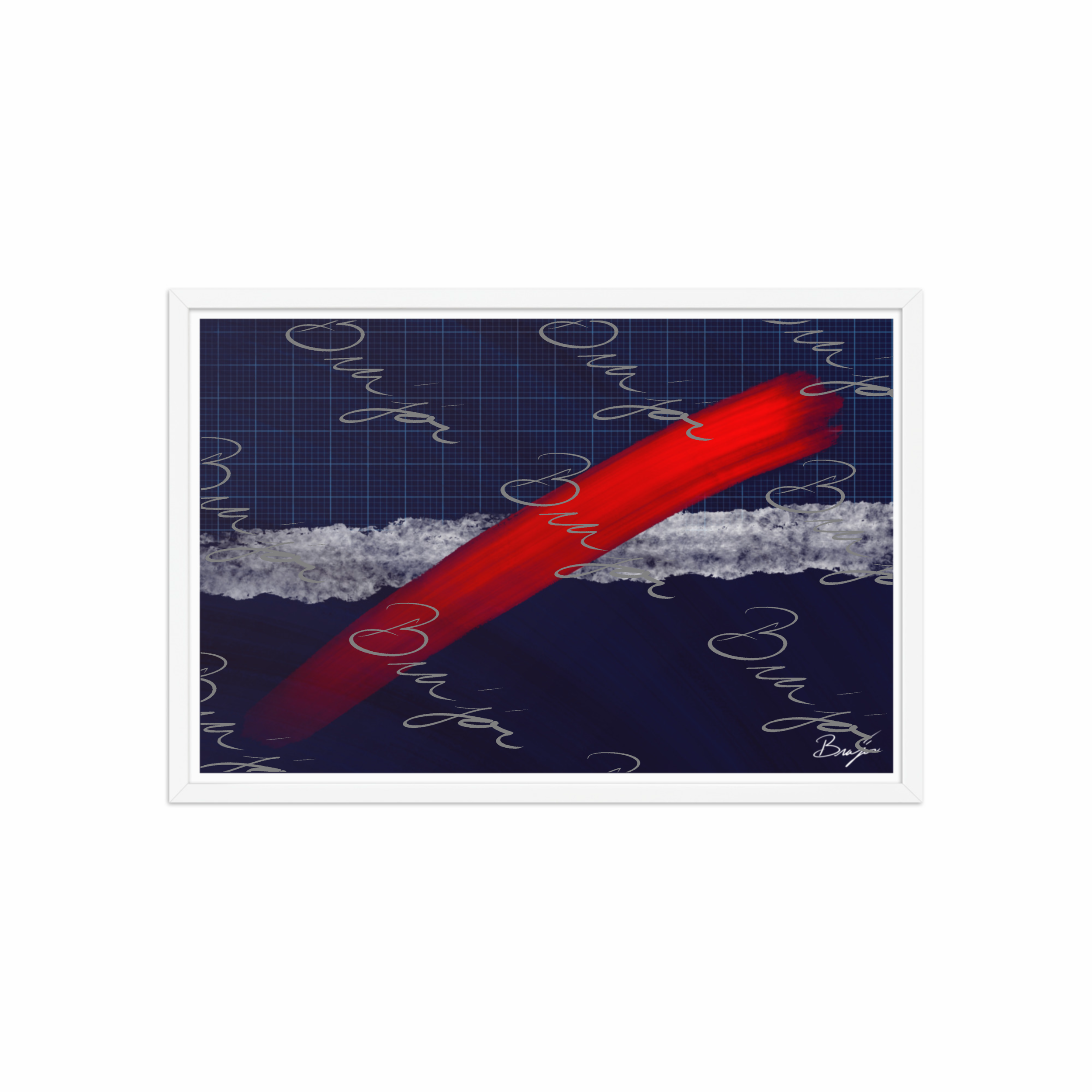 20x30 White Framed abstract artwork titled Strike designed by the digital abstract artist Bra'jor. Artwork includes the colors Red, Blue, white, and Gray