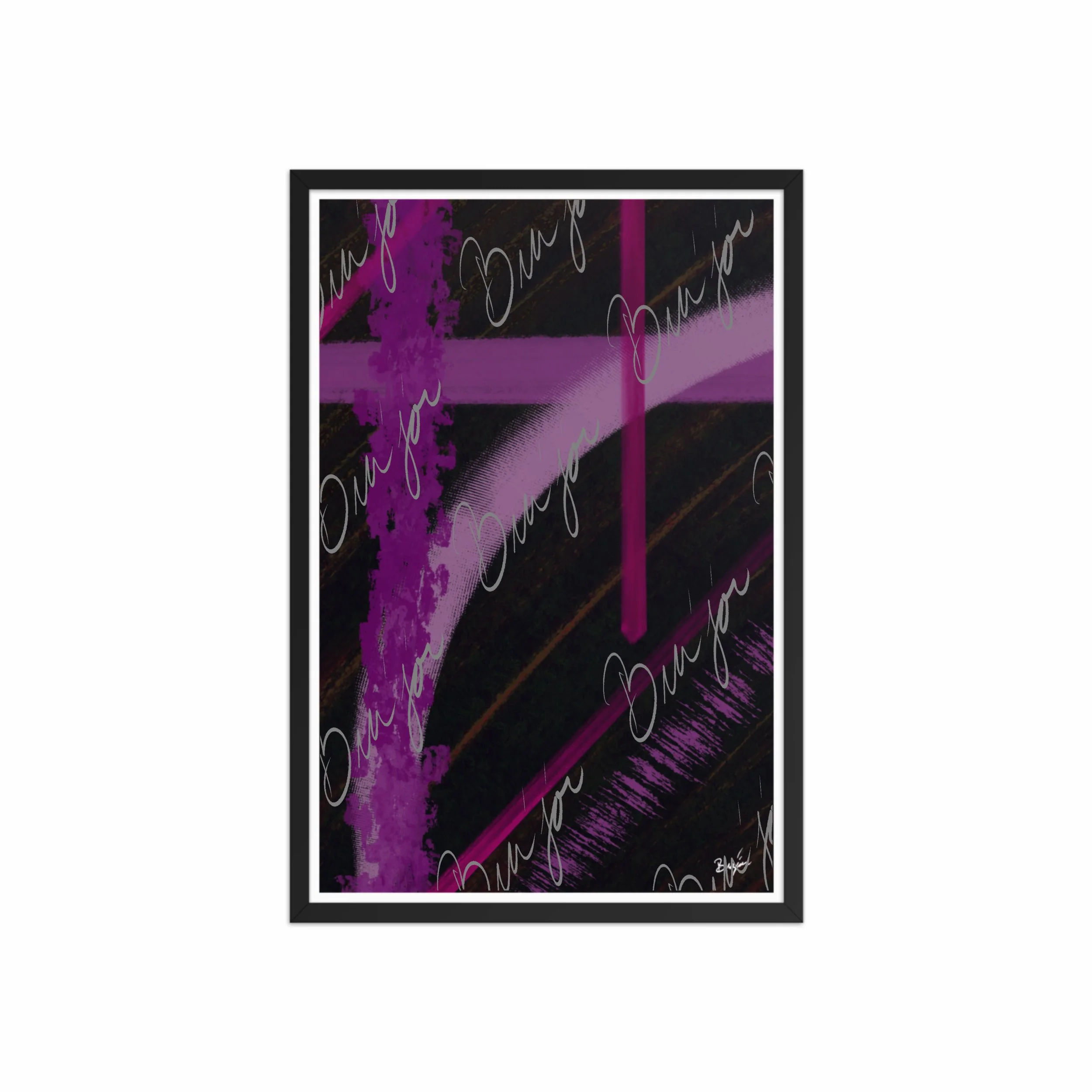 20x30 Black Framed Abstract artwork titled Be Soft designed by the digital abstract artist Bra'jor. Artwork includes the colors Purple, Lavender, Pink, Orange, and Black