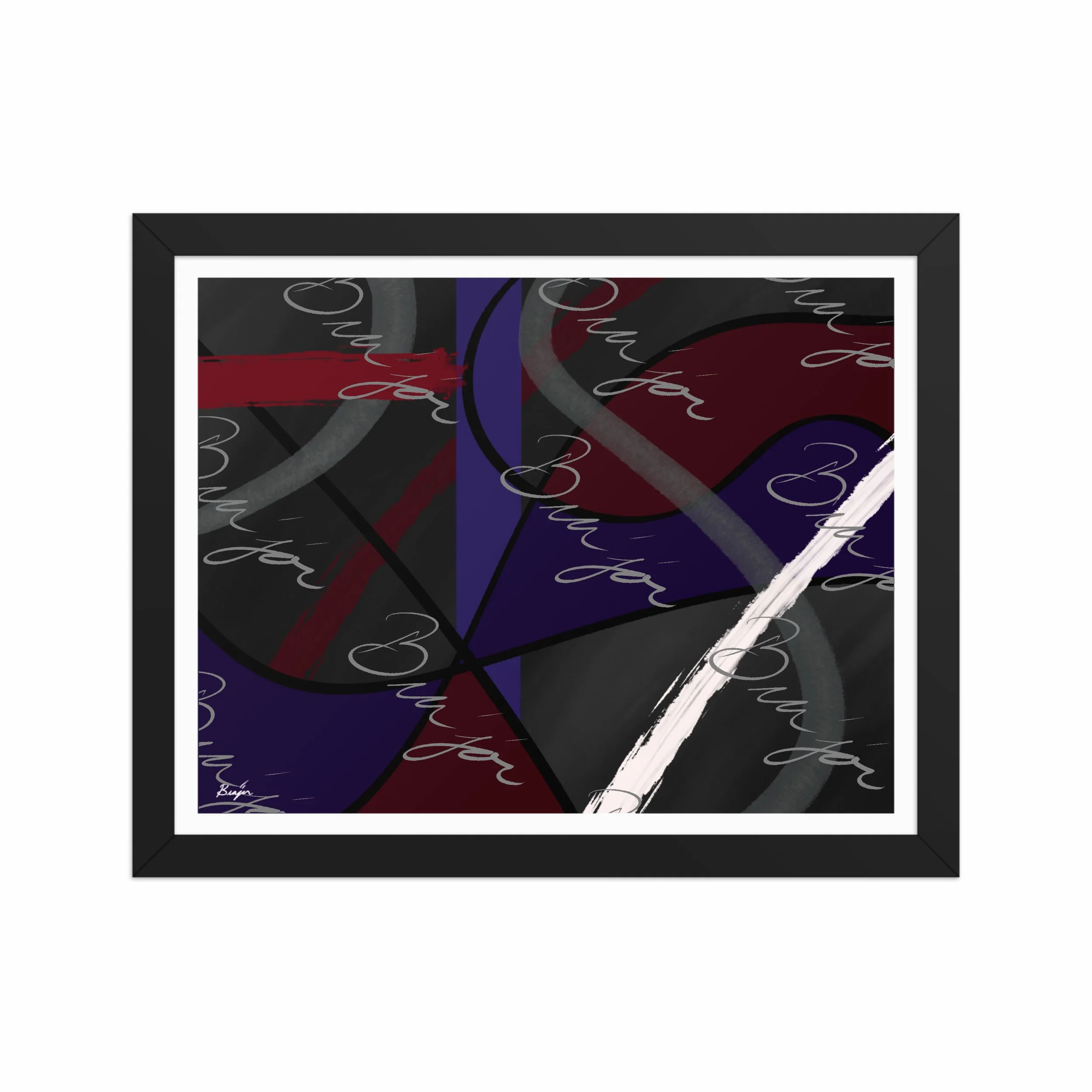11x14 Black Framed Abstract artwork titled Different designed by the digital abstract artist Bra'jor. Artwork includes the colors Purple, Blue, Red, Gray, and Black