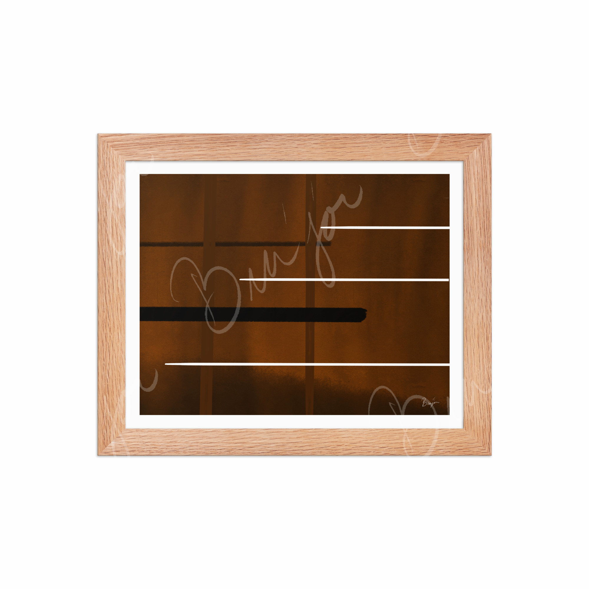 8x10 Red Oak Framed Abstract artwork titled Steps designed by the digital abstract artist Bra'jor. Artwork includes the colors Brown, Black, and White
