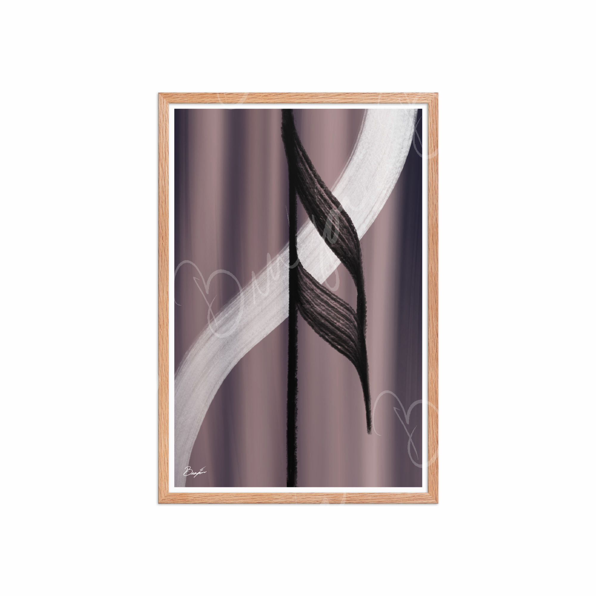 20x30 Red Oak Framed Abstract artwork titled A Beat designed by the digital abstract artist Bra'jor. Artwork includes the colors Black, White, Gray, violet, and Mauve