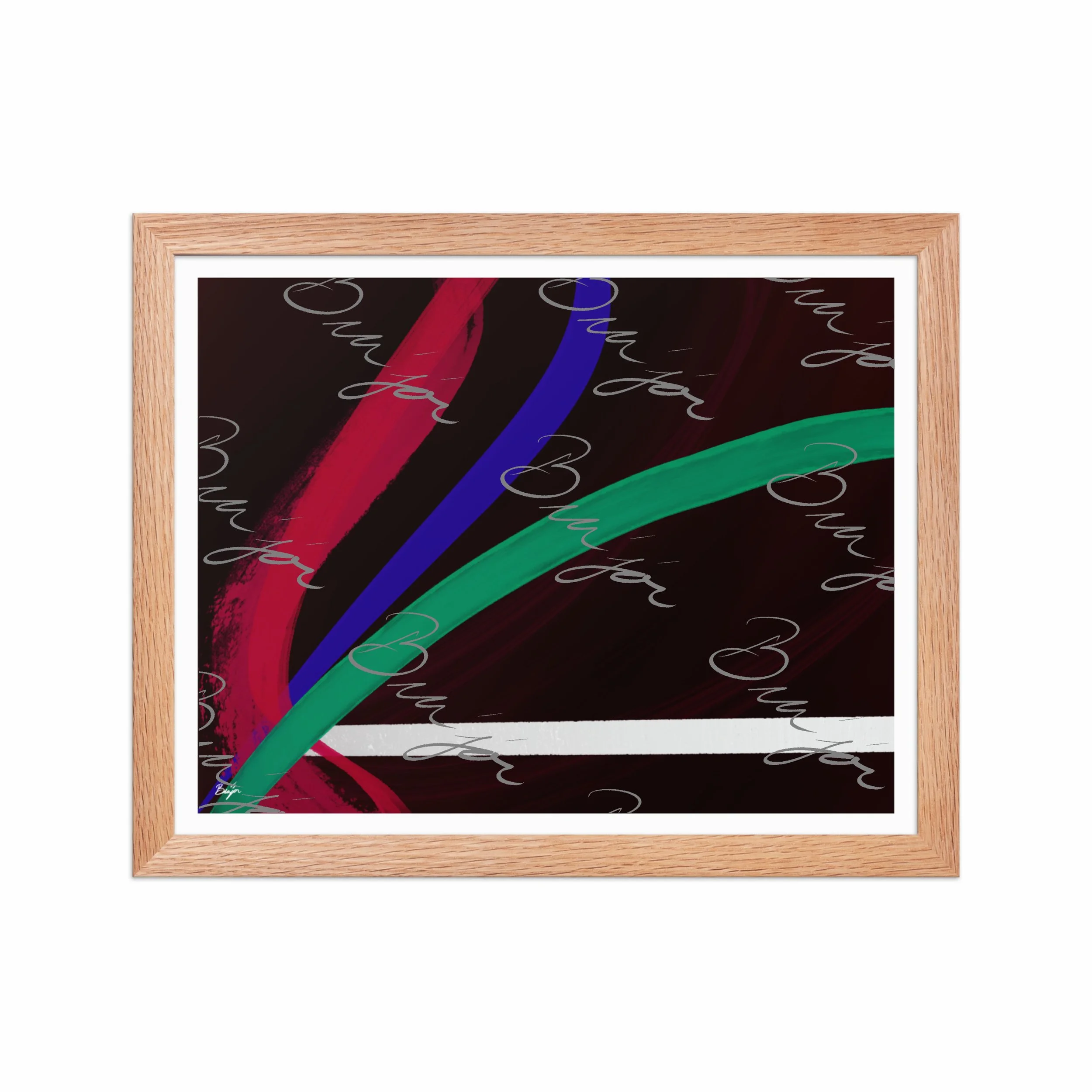 11x14 Red Oak Framed Abstract artwork titled Journey designed by the digital abstract artist Bra'jor. Artwork includes the colors Red, White, Green, and Blue