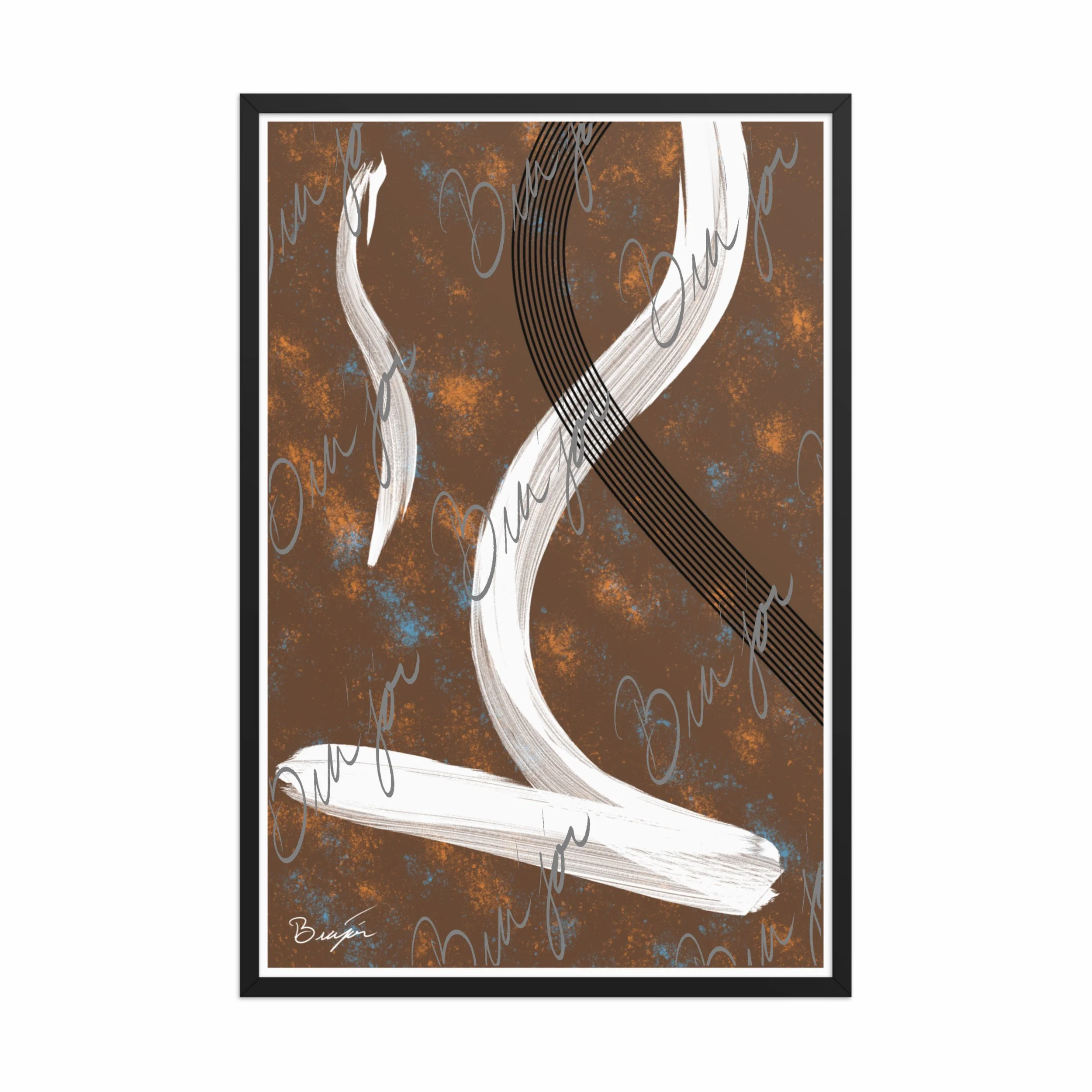 24x36 Black Framed abstract artwork titled My Heart designed by the digital abstract artist Bra'jor. Artwork includes the colors Brown, Orange, Blue, White, and Black