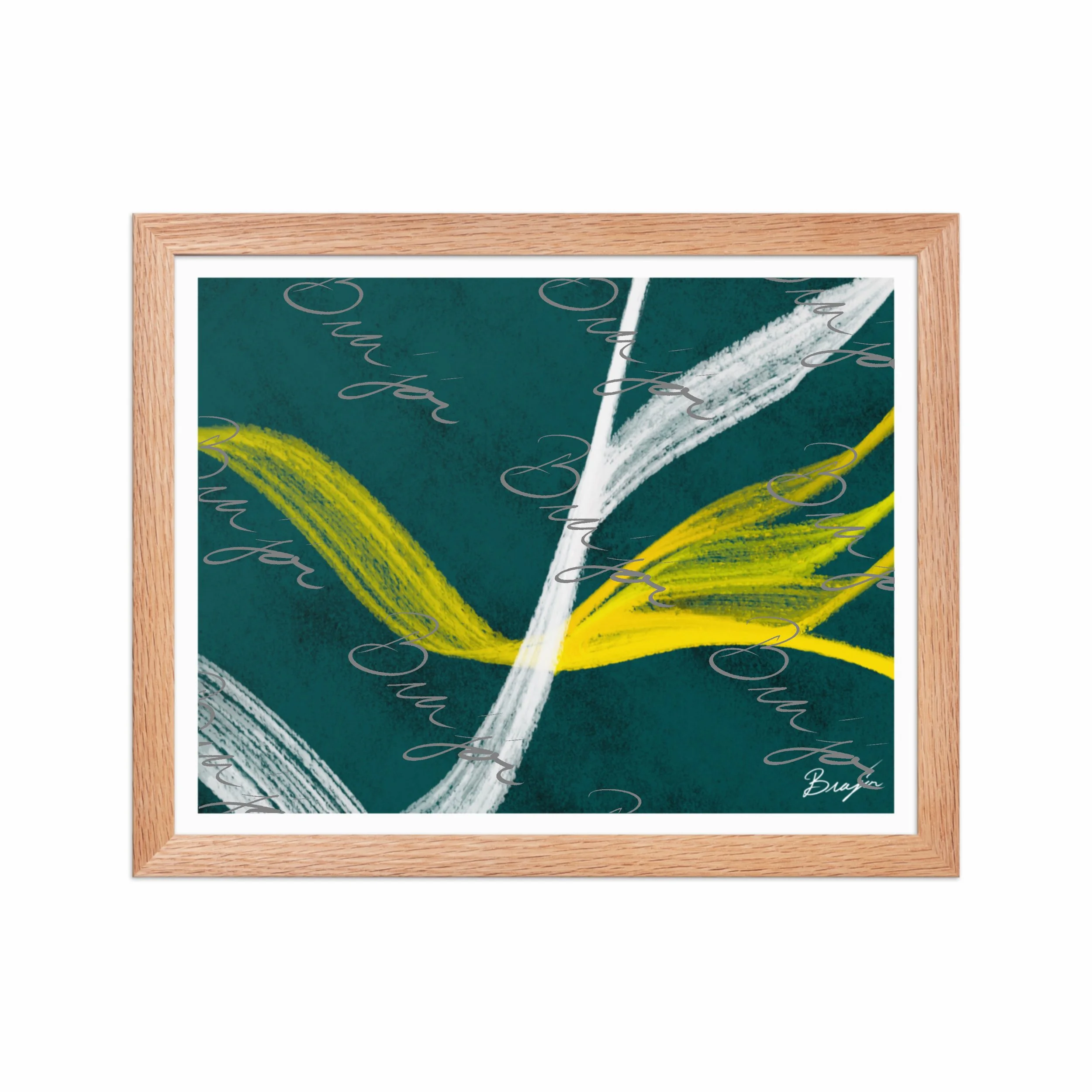 11x14 Red Oak Framed abstract artwork titled Beginnings designed by the digital abstract artist Bra'jor. Artwork includes the colors Yellow, Green, White, and Black