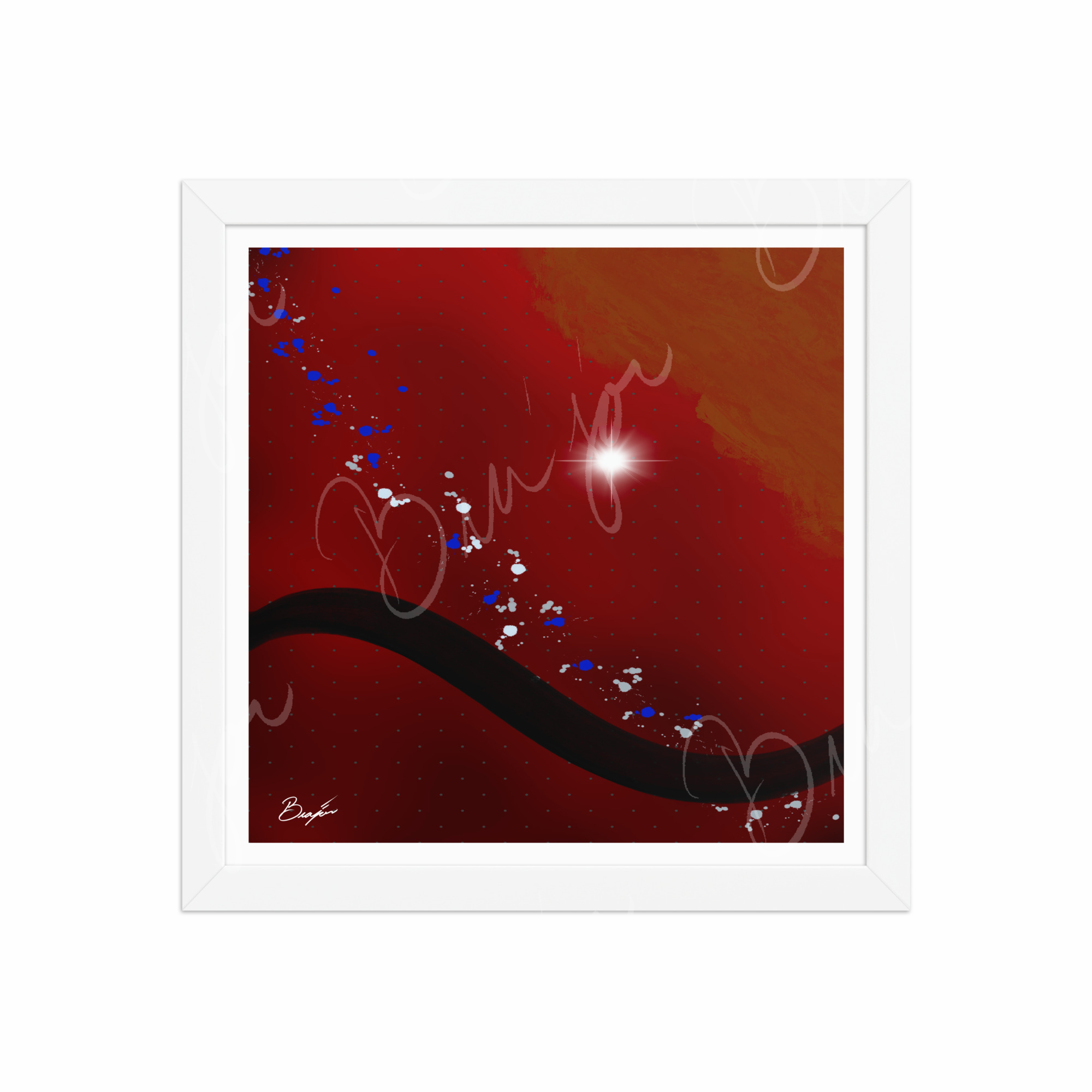 12x12 White Framed Abstract artwork titled Take Your Place designed by the digital abstract artist Bra'jor. Artwork includes the colors Red, Yellow, Orange, Black, Gray, and White