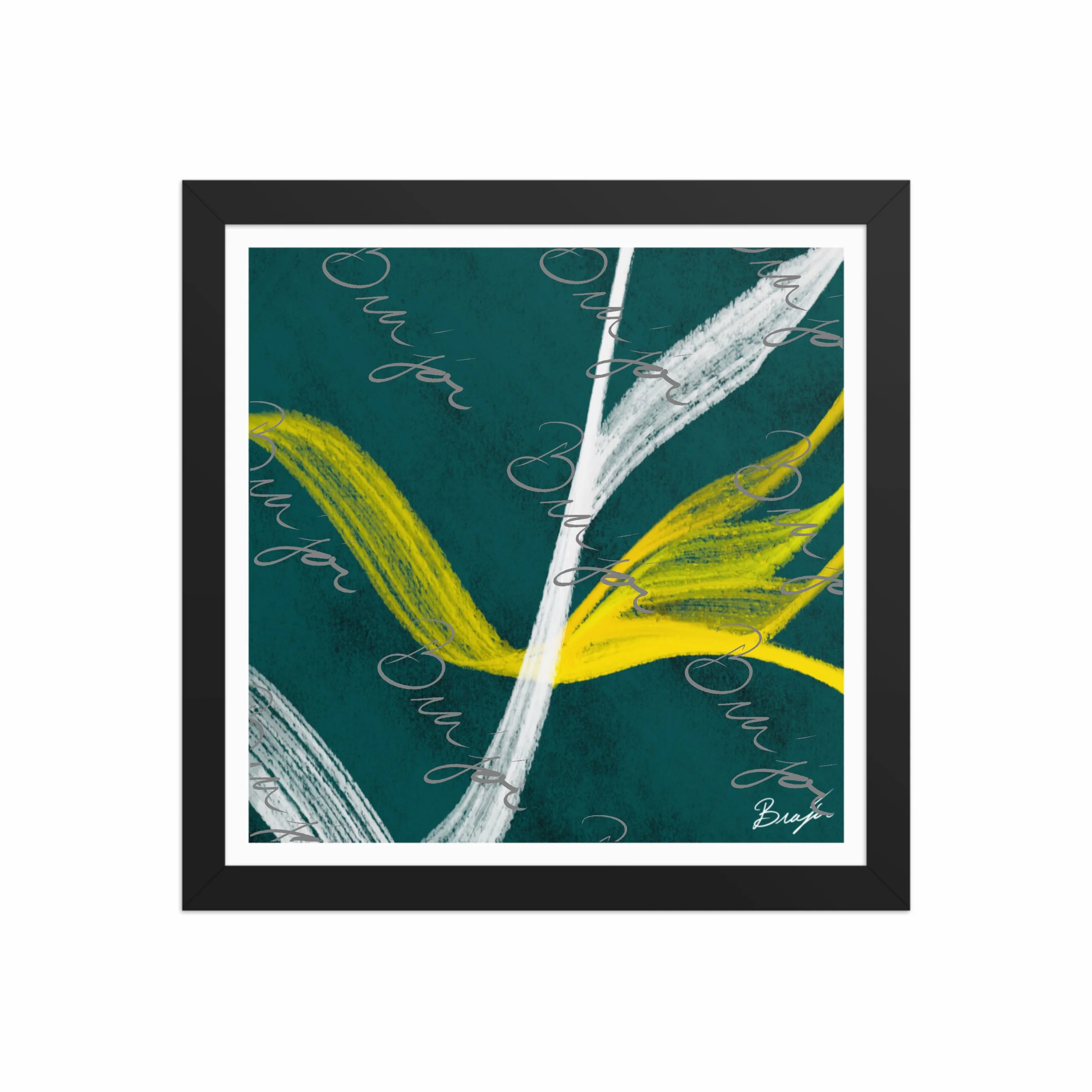 12x12 Black Framed abstract artwork titled Beginnings designed by the digital abstract artist Bra'jor. Artwork includes the colors Yellow, Green, White, and Black