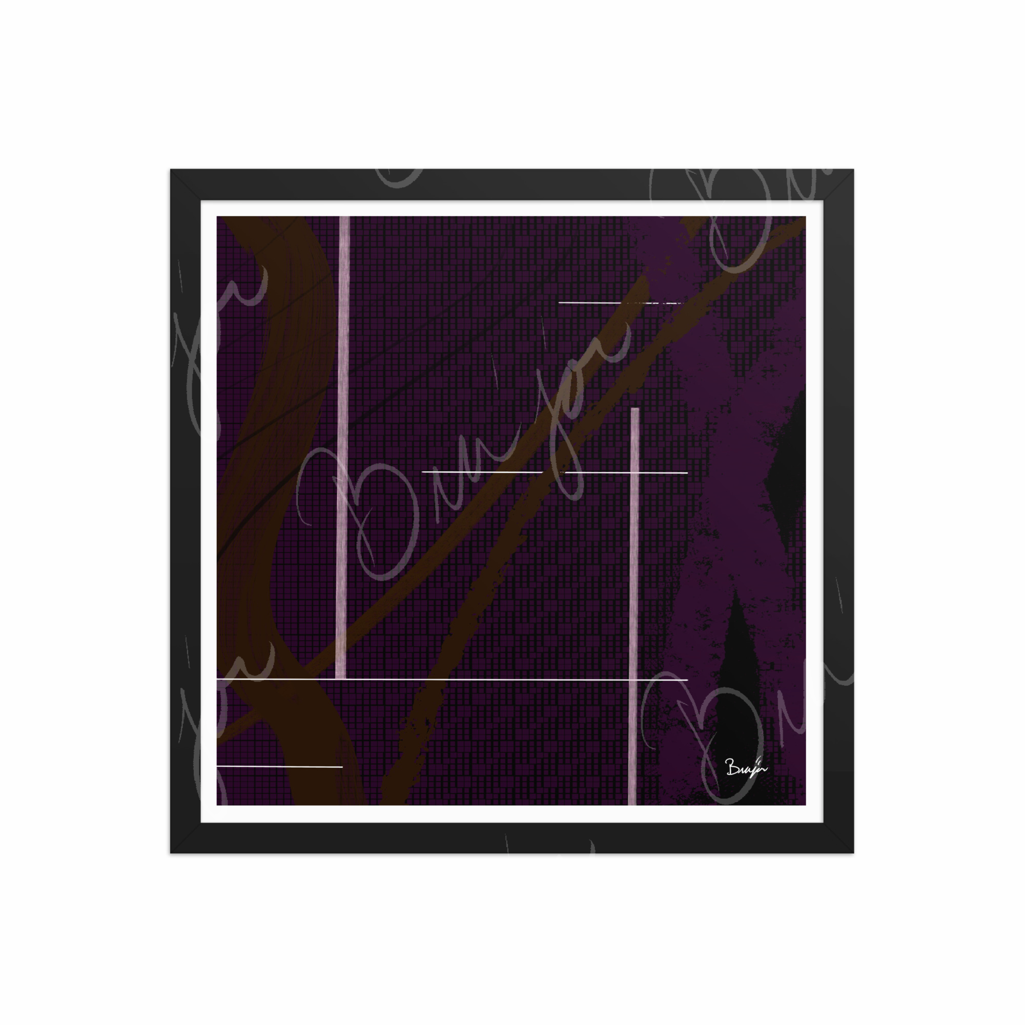 16x16 Black Framed Abstract artwork titled Out of the Box designed by the digital abstract artist Bra'jor. Artwork includes the colors Purple, Brown, Black, and White