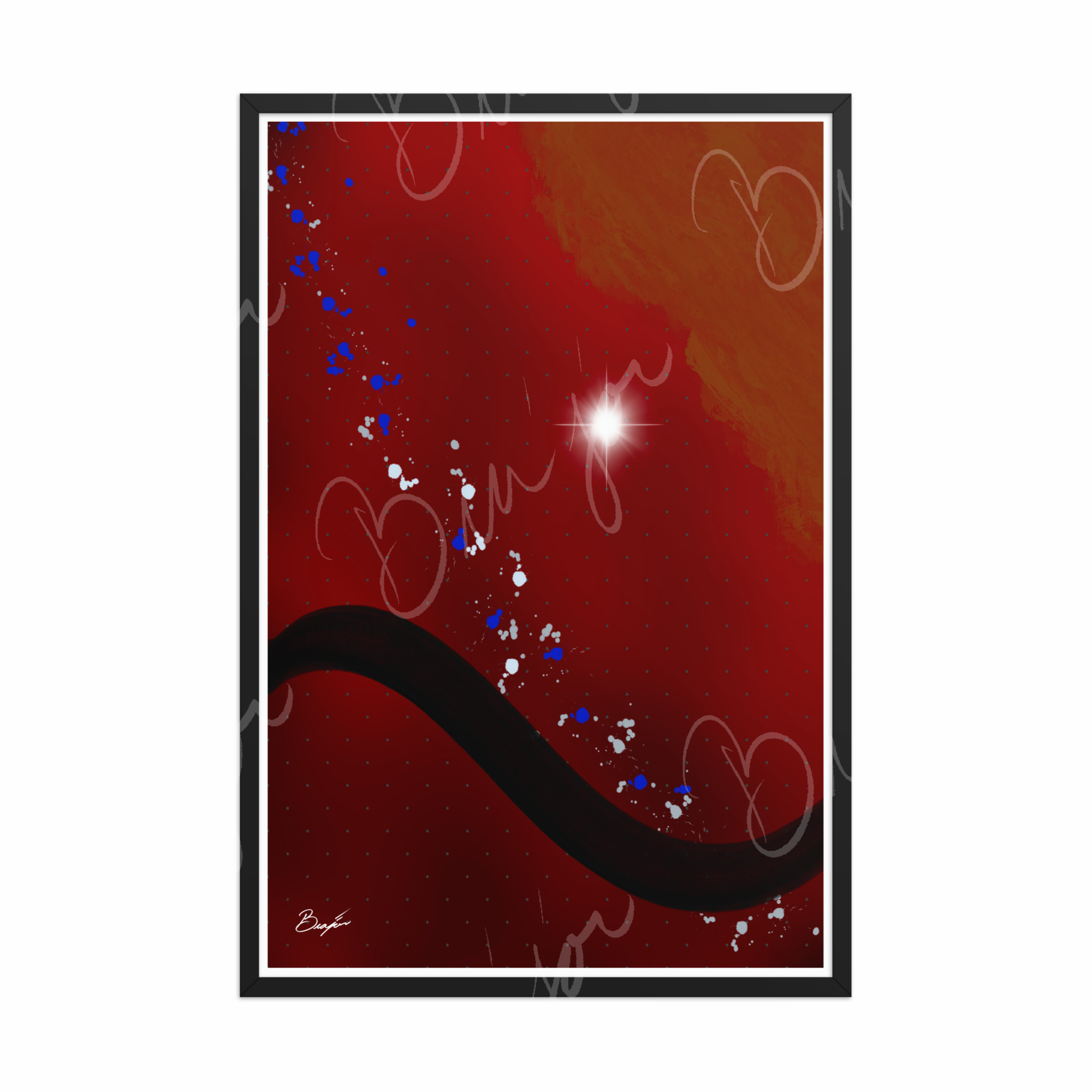 24x36 Black Framed Abstract artwork titled Take Your Place designed by the digital abstract artist Bra'jor. Artwork includes the colors Red, Yellow, Orange, Black, Gray, and White