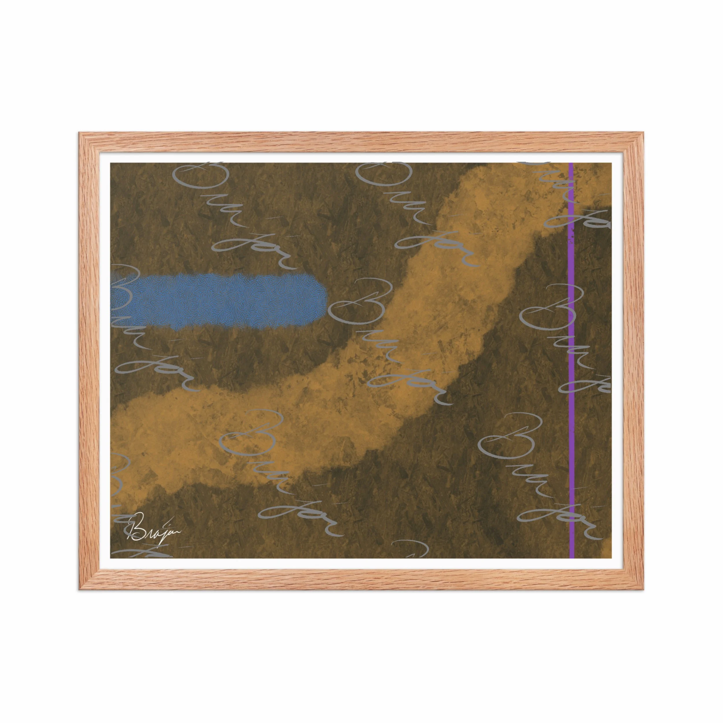 16x20 Red Oak Framed abstract artwork titled Gentle designed by the digital abstract artist Bra'jor. Artwork includes the colors Blue, Brown, Tan, Dark Green, and Purple