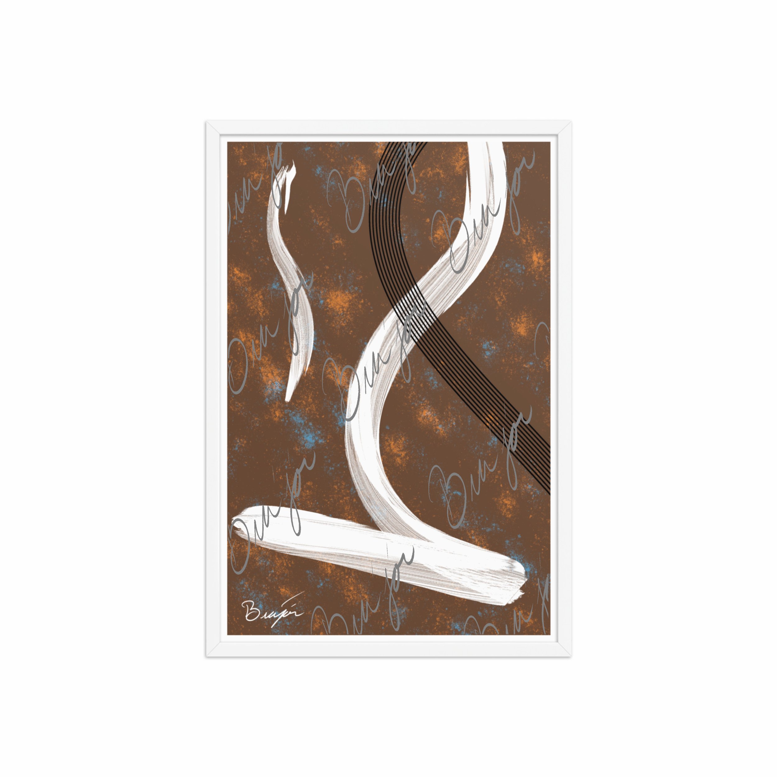 20x30 White Framed abstract artwork titled My Heart designed by the digital abstract artist Bra'jor. Artwork includes the colors Brown, Orange, Blue, White, and Black