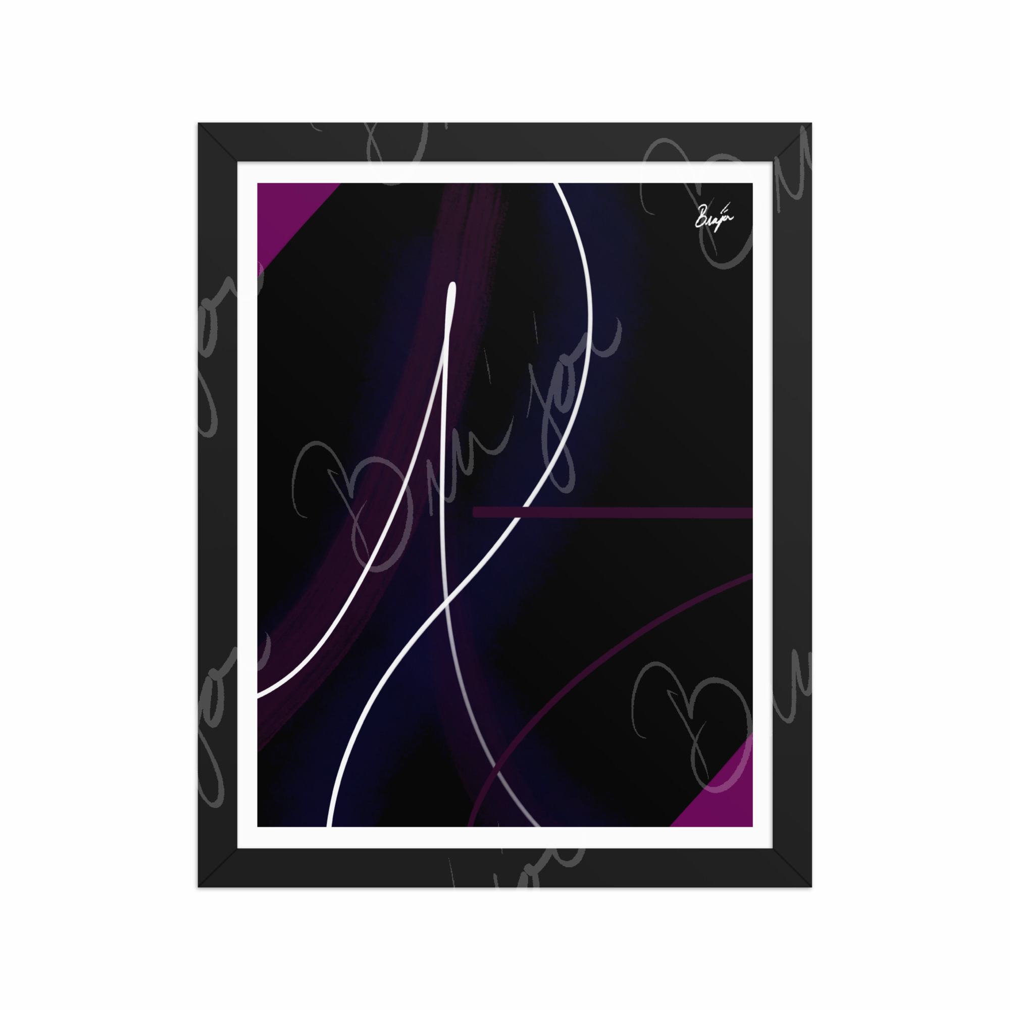 11x14 Black Framed Abstract artwork titled Poised designed by the digital abstract artist Bra'jor. Artwork includes the colors Purple, Pink, Blue, and White